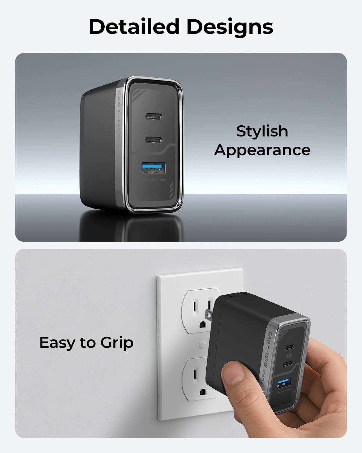 Detailed Designs  
Stylish Appearance  
Easy to Grip  
GAN III-100W HUB