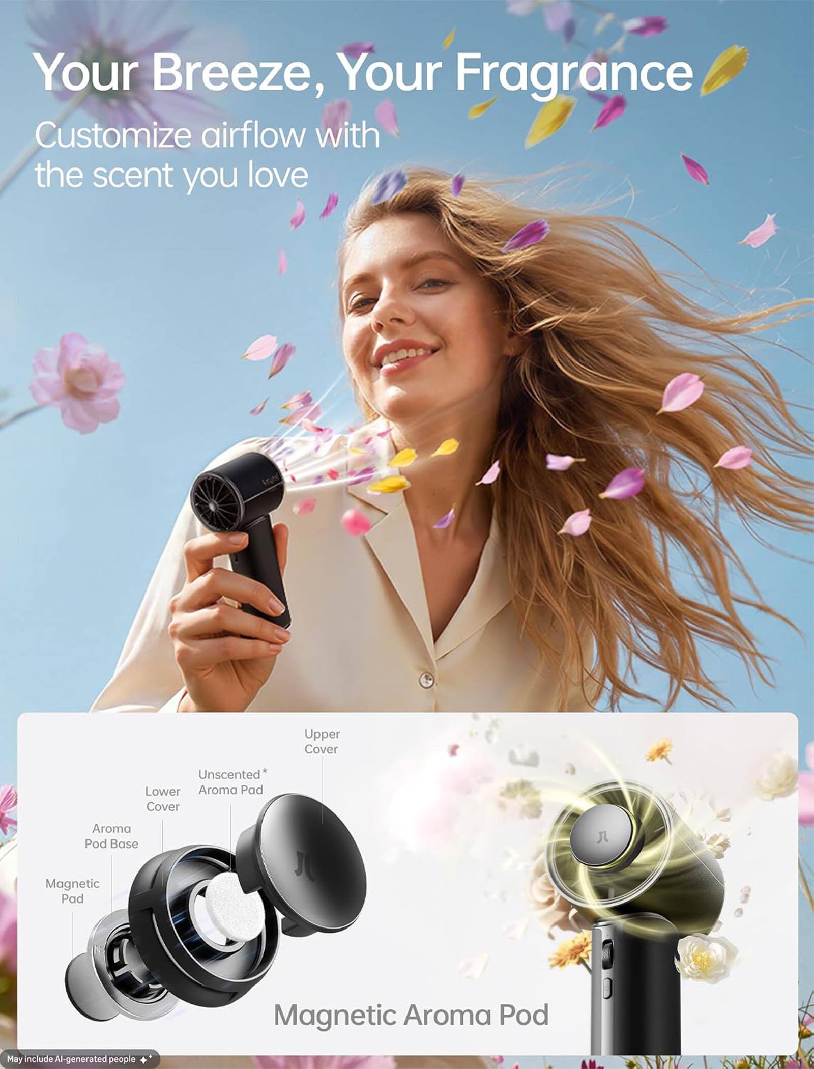 Your Breeze, Your Fragrance  
Customize airflow with the scent you love  

Upper Cover  
Unscented  
Lower Aroma Pad  
Cover Aroma Pod Base  
Magnetic Pad  
Magnetic Aroma Pod  

May include AI-generated people