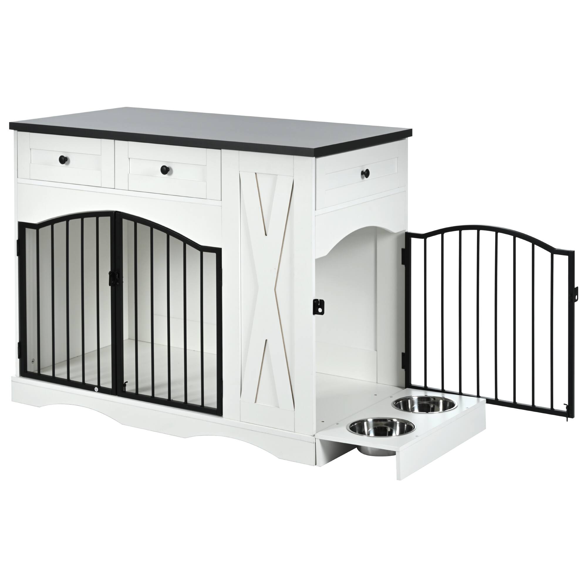 Back. Runesay - 43.3in White Heavy Duty Farmhouse Indoor Wooden Dog Crate Kennel Furniture  End Table with 3 Drawers.