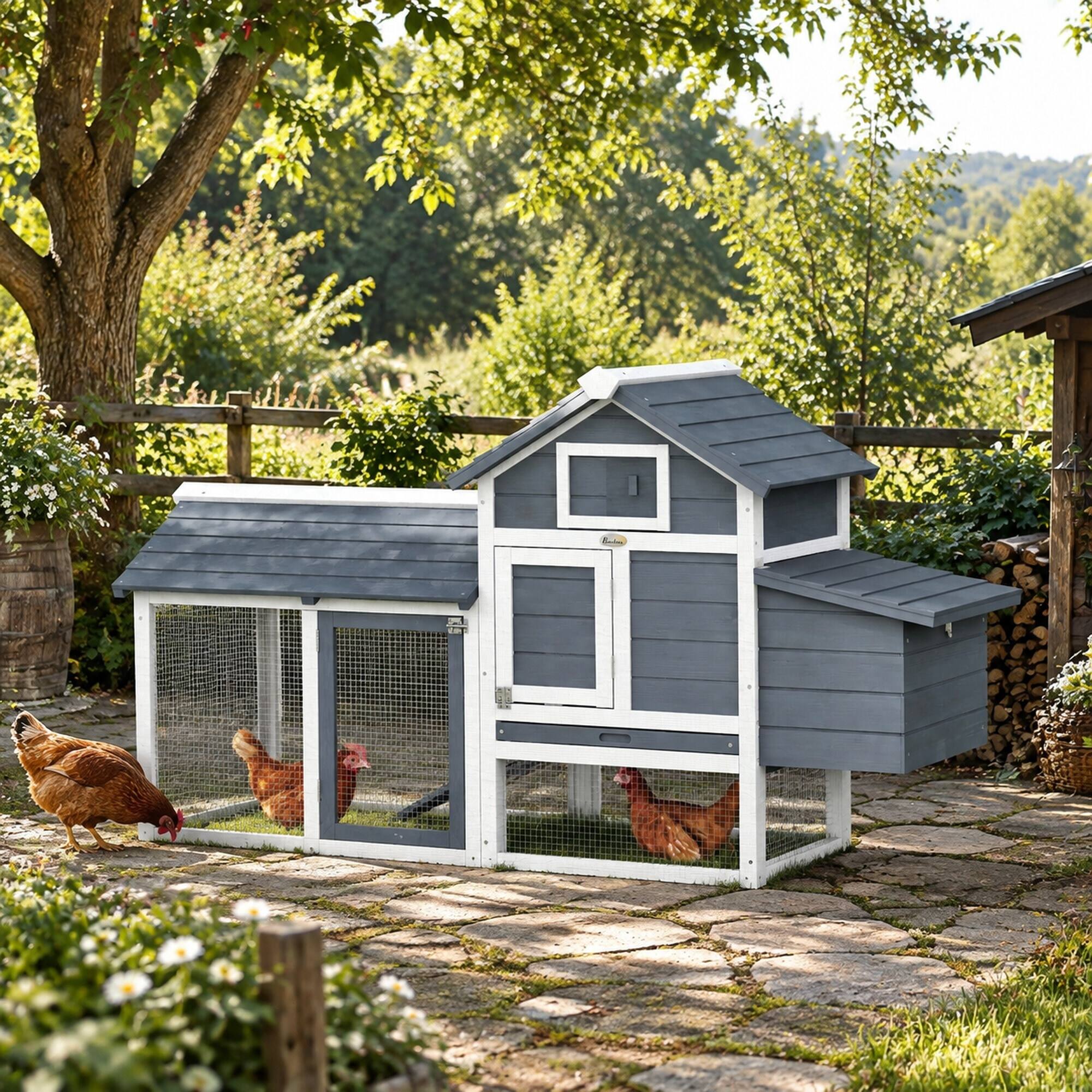 Angle. RYHNUYNE - 59 in Wooden Chicken Coop, Fir Wood Hen House, Nesting Box, Removable Tray, White.