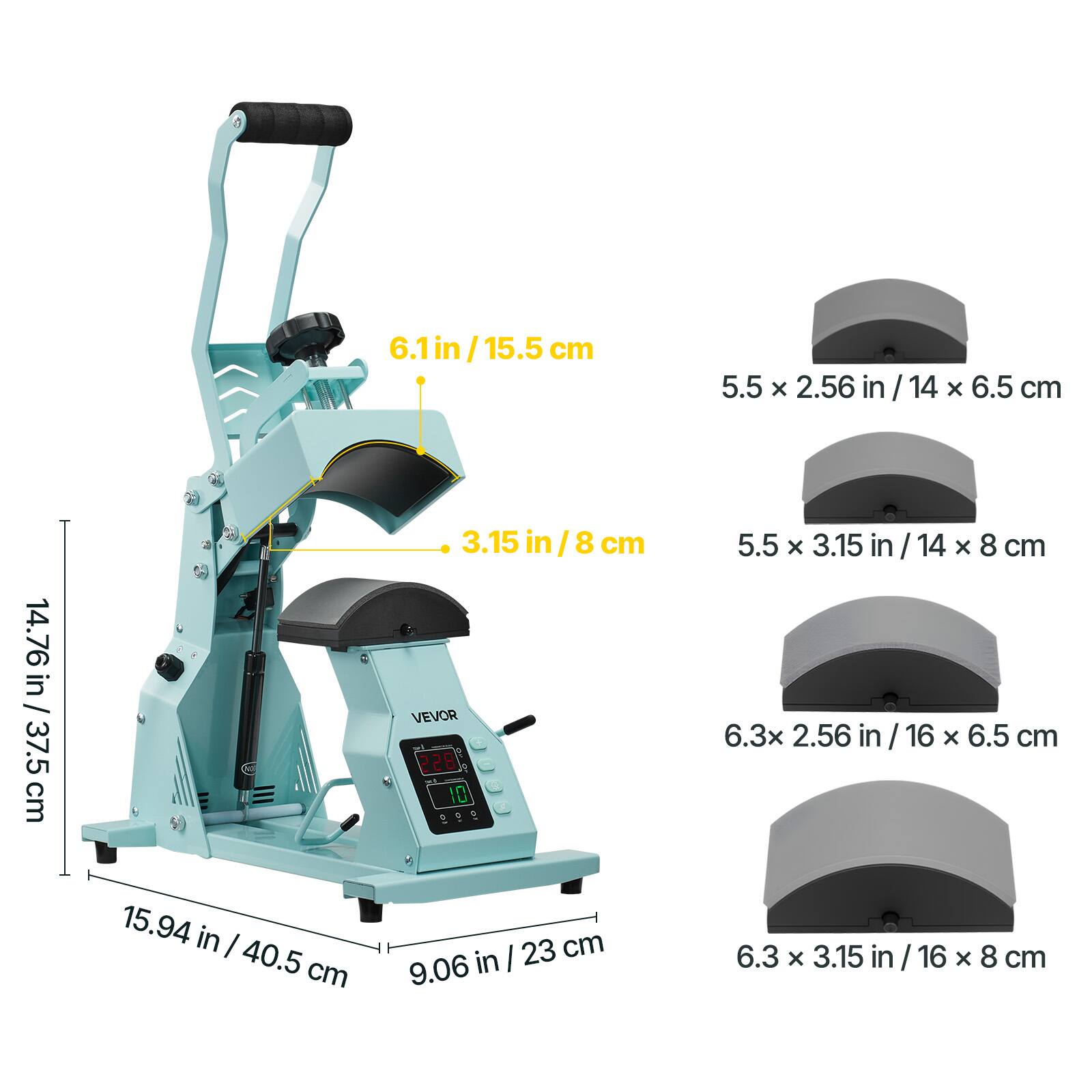 6.1 in / 15.5 cm  
5.5 x 2.56 in / 14 x 6.5 cm  
14.76 in / 37.5 cm  
15.94 in / 40.5 cm  
3.15 in / 8 cm  
5.5 x 3.15 in / 14 x 8 cm  
6.3 x 2.56 in / 16 x 6.5 cm  
6.3 x 3.15 in / 16 x 8 cm