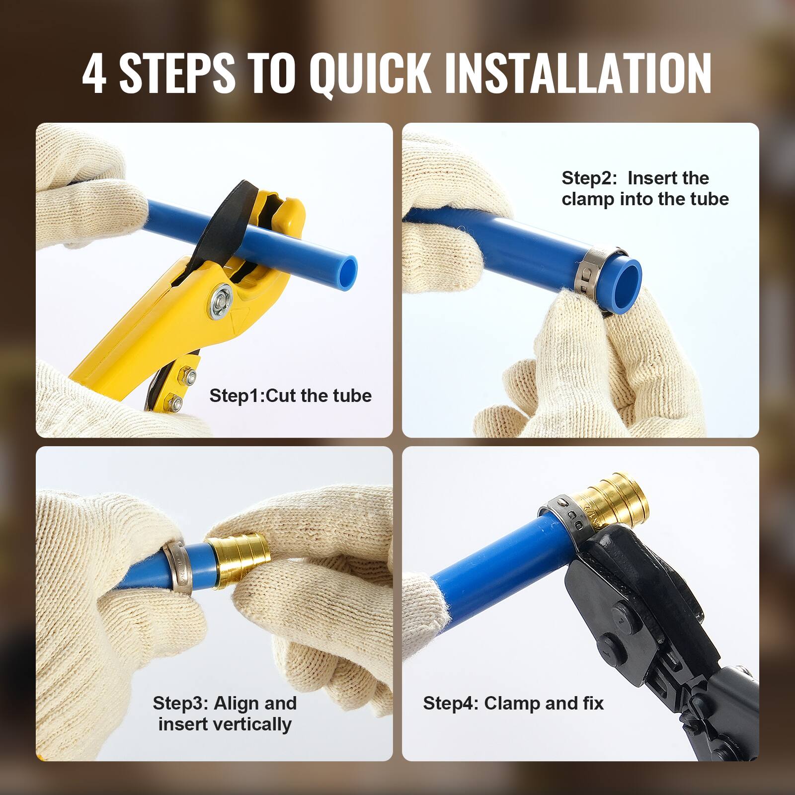 4 STEPS TO QUICK INSTALLATION

Step1: Cut the tube

Step2: Insert the clamp into the tube

Step3: Align and insert vertically

Step4: Clamp and fix