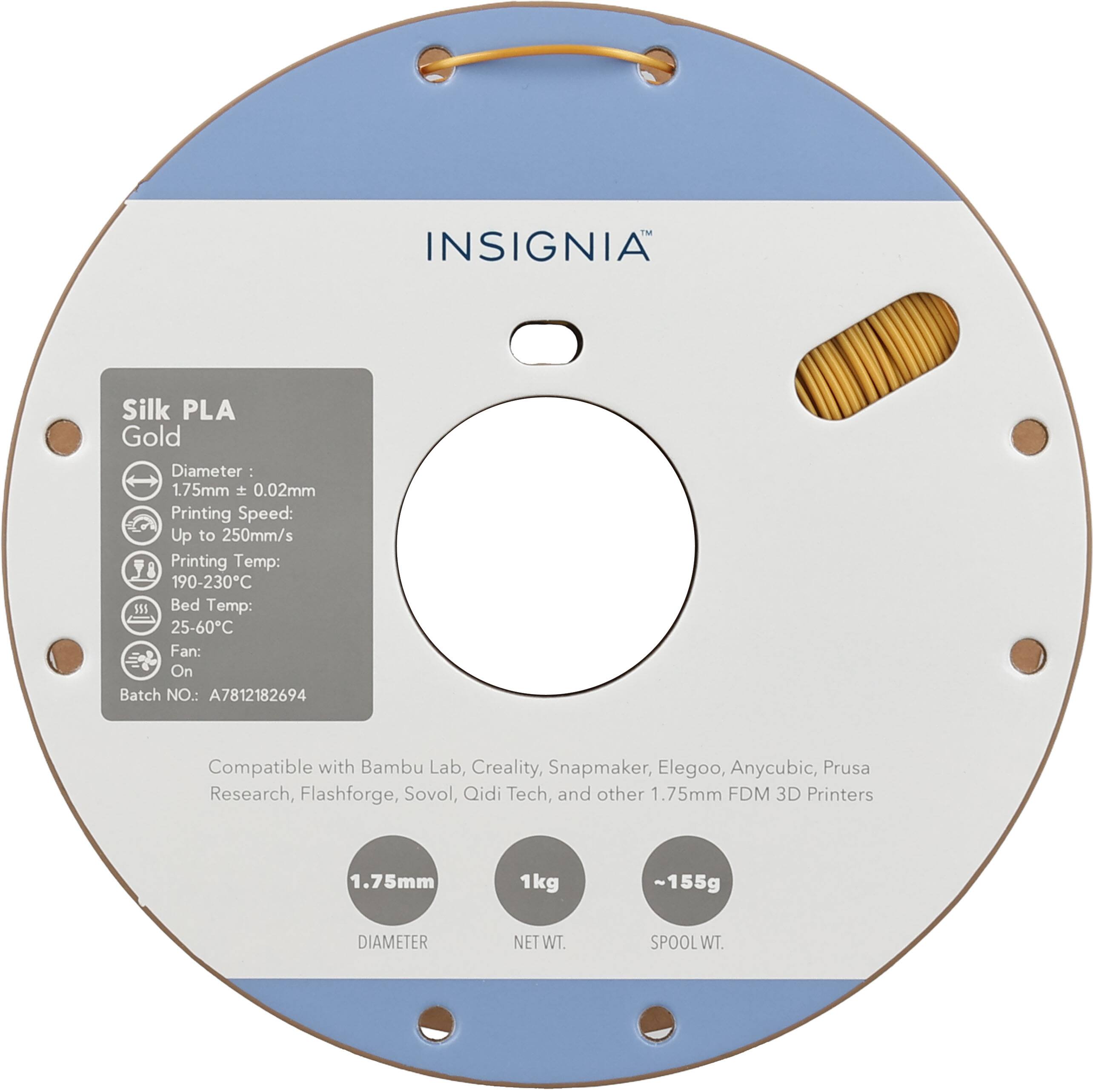 M INSIGNIA Silk PLA Gold  
Diameter: 1.75mm ± 0.02mm  
Printing Speed: Up to 250mm/s  
Printing Temp: 190-230°C  
Bed Temp: 25-60°C  
Fan: On  
Batch NO.: A7812182694  

Compatible with Bambu Lab, Creality, Snapmaker, Elegoo, Anycubic, Prusa Research, Flashforge, Sovol, Qidi Tech, and other 1.75mm FDM 3D Printers  

1.75mm  
DIAMETER  
NET WT. 1kg  
SPOOL WT. ~155g