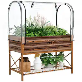 PULUZ - Raised Garden Bed with Legs and Cover, Metal Elevated Planter Box with Bottom Shelf and Liner for Vegetables - Brown