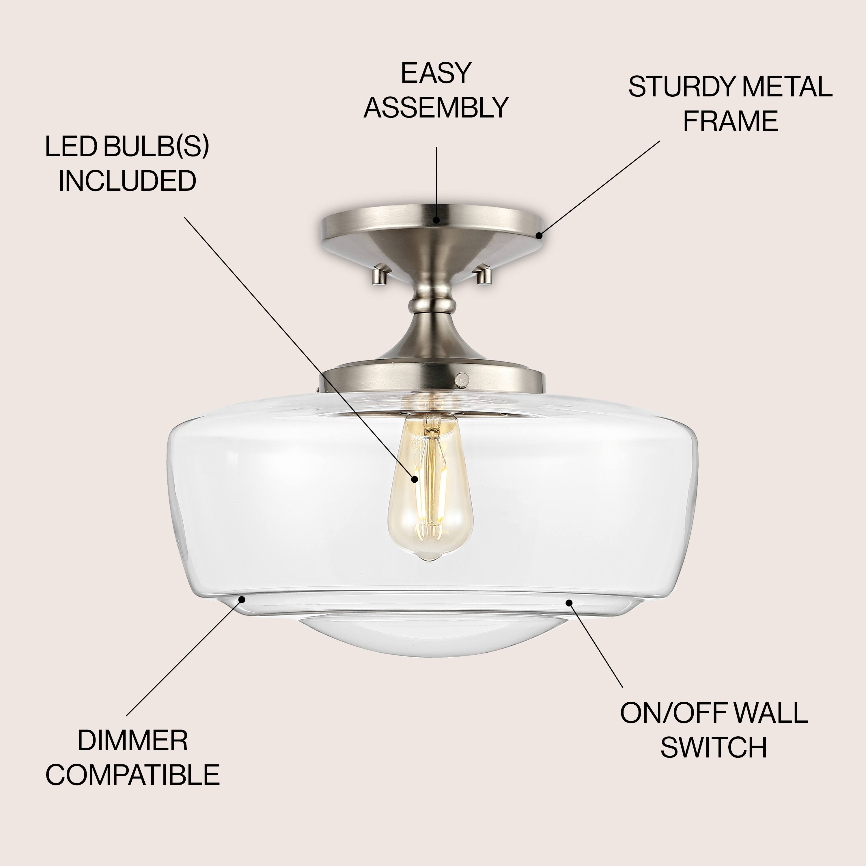 LED BULB(S) INCLUDED  
EASY ASSEMBLY  
STURDY METAL FRAME  
DIMMER COMPATIBLE  
ON/OFF WALL SWITCH