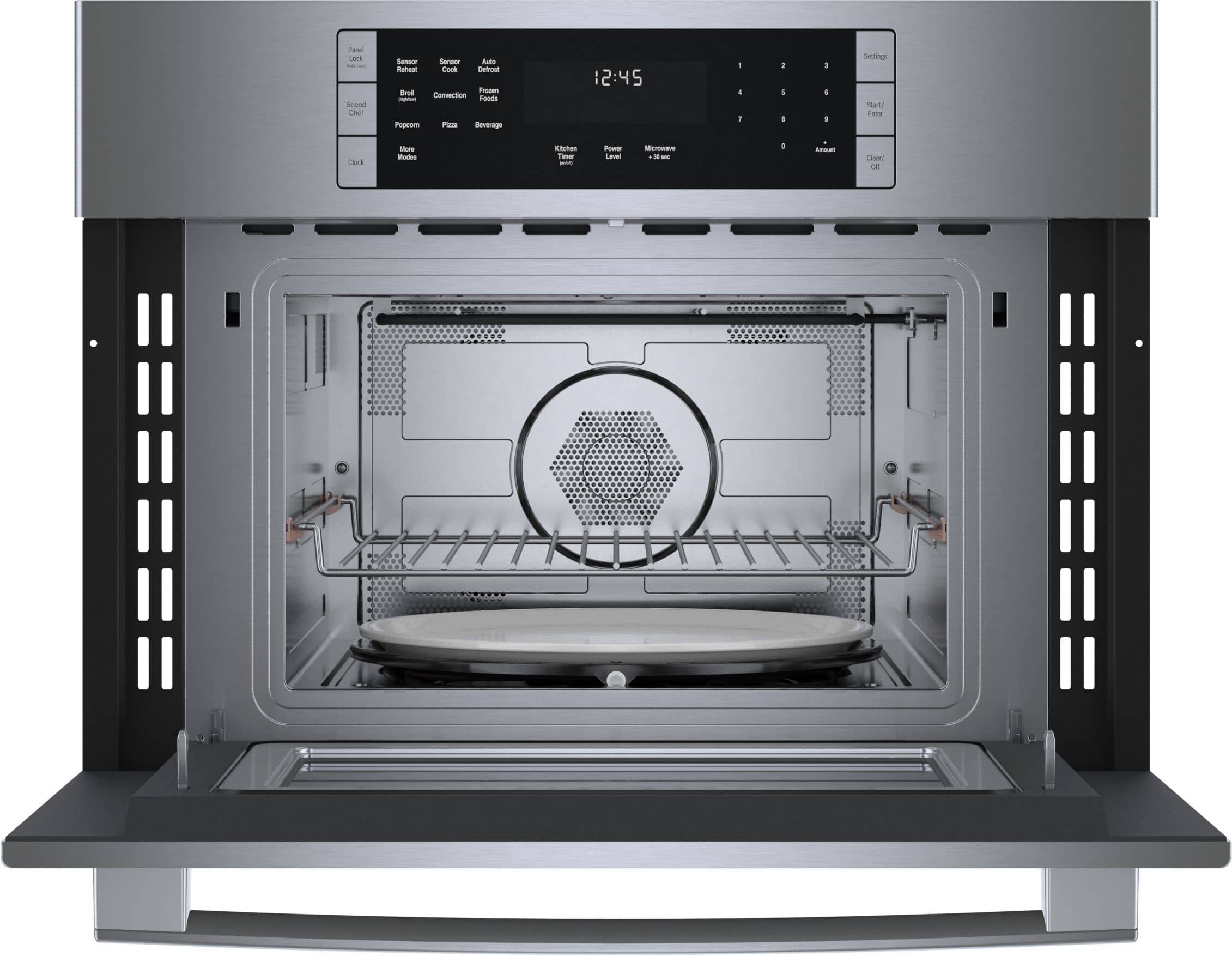 Pana Lark - Speed Chef
Semaar Sensor Auto
- Detal Brol Froec Convection Fonds
- Pupcom P Beverage 12:45
- 4 1 i I - 1 - 1 Settings Start:
- clork - Modes Kictan Timar
- Power Lee
- Clear on
Panel
- Bake
- Broil
- Speed Chef
- Popcorn
- Clock
- Modes
Settings
- Start/Enter
- Clear/Off
12:45
1 2 3 4 5 6 7 8 9 0
Kitchen Timer
Power Level
Microwave + 30 sec
- Sensor Cook
- Auto Defrost
- Frozen Foods
- Convection
- Pizza
- Beverage