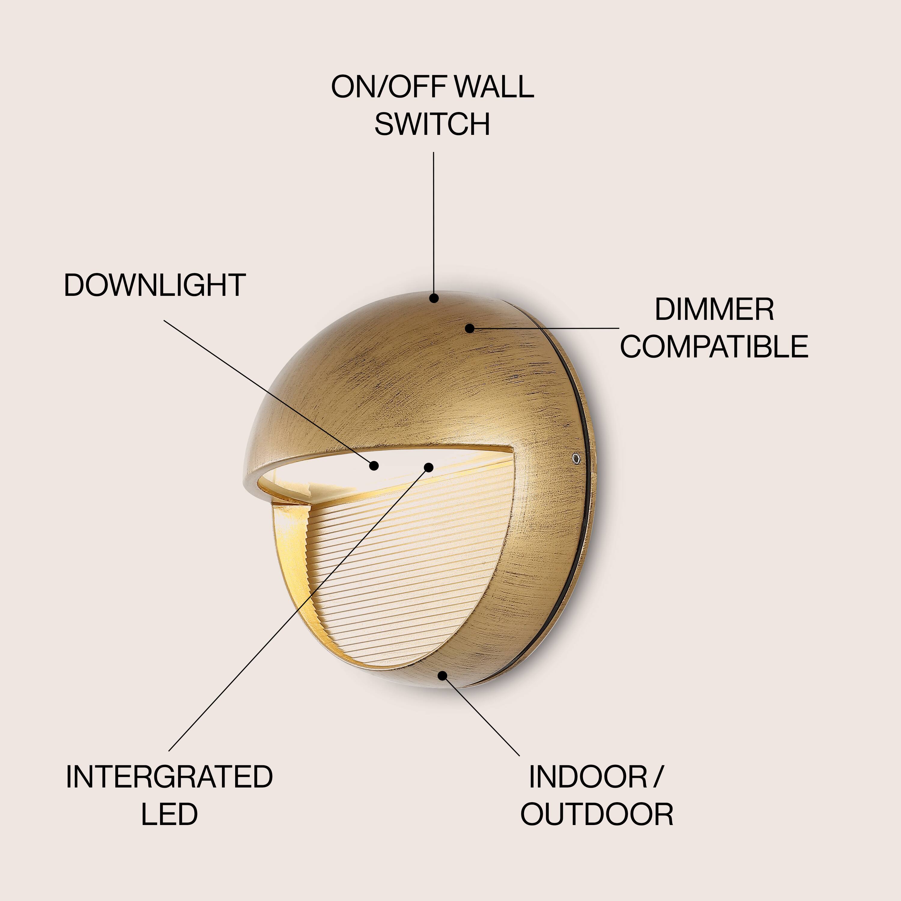 ON/OFF WALL SWITCH  
DOWNLIGHT  
DIMMER COMPATIBLE  
INTERGRATED LED  
INDOOR/OUTDOOR