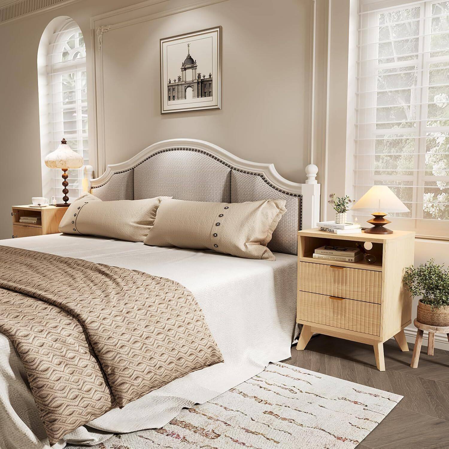 Alt View 2. GARVEE - 2pcs Modern Fluted Nightstand with USB Charging Station & Outlets, Wood Bedside Table with 2 Drawers, Natural Oak - Natural Oak.