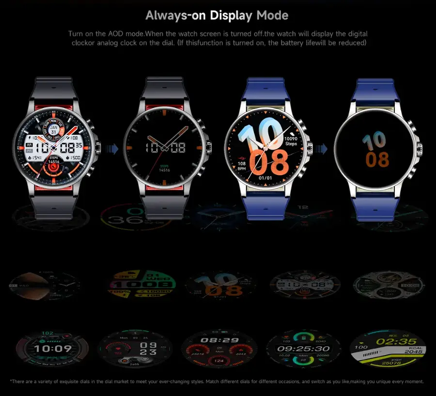 Always-on Display Mode Turn on the AOD mode. When the watch screen is turned off, the watch will display the digital clock or analog clock on the dial. (If this function is turned on, the battery life will be reduced)

1. JAN 31 a) OML 100 Rot 35 10 08 1541 STEPS 1500 14516 10-08 08 SLEEPS 14516 a 10 10090 Steps 108  08 01/01 10 08 12 36 0R0S
2. 01/01 10 08 12 36 0R0S
3. 08 01 01/01 10 08 12 36 0R0S
4. 08:29
5. 02:35

There are a variety of exquisite dials in the dial market to meet your ever-changing styles. Match different dials for different occasions, and switch as you like. This makes you unique every moment.