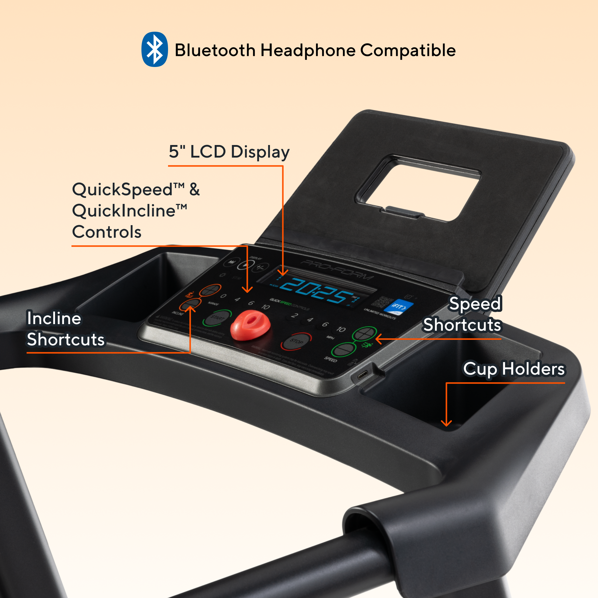 Bluetooth Headphone Compatible  
5" LCD Display  
QuickSpeed™ & QuickIncline™ Controls  
Incline Shortcuts  
Speed Shortcuts  
Cup Holders