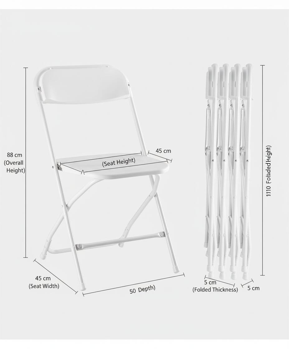 88 cm (Overall Height)  
45 cm (Seat Height)  
45 cm (Seat Width)  
50 cm (Depth)  
5 cm (Folded Thickness)  
111 cm (Folded Height)