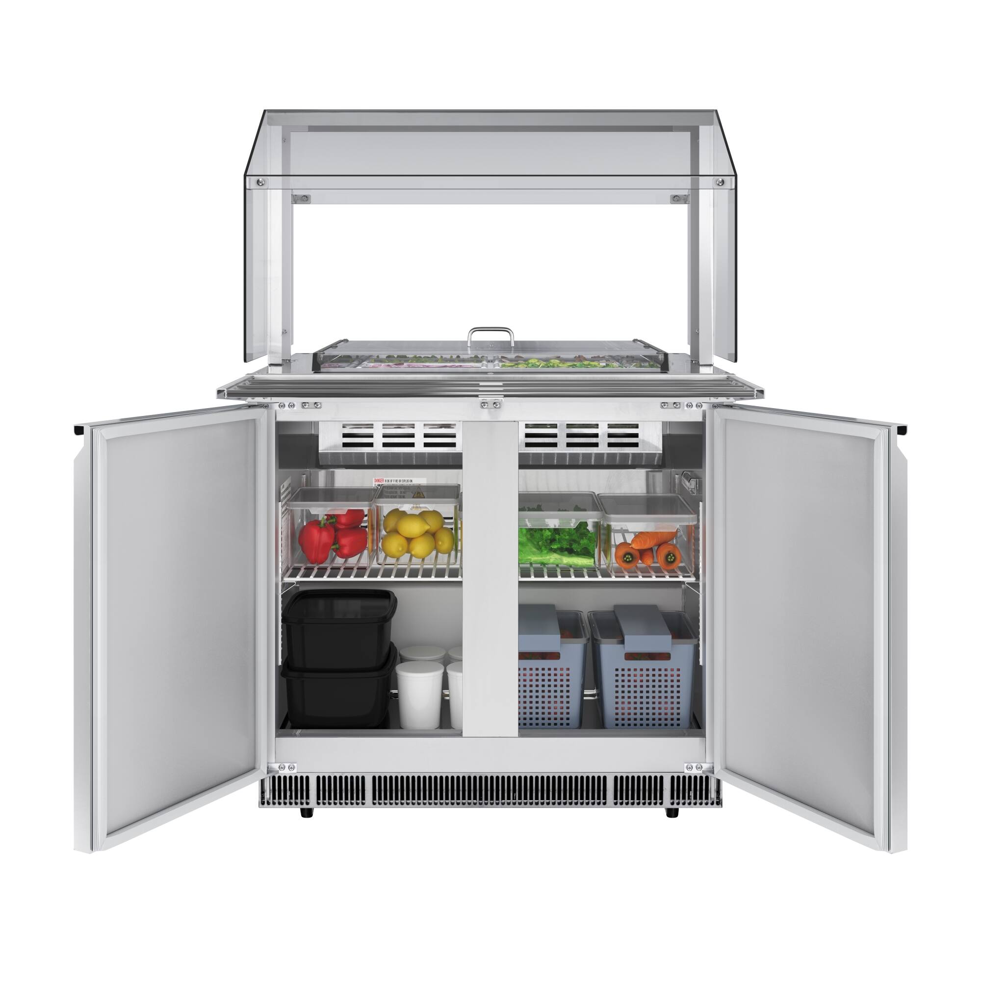Angle. Koolmore - 36 in.  Refrigerated Prep Station with Sneeze Guard and Buffet Slide, 6-Pan (Not Included) Capacity Adjustable Shelves - Stainless-Steel.