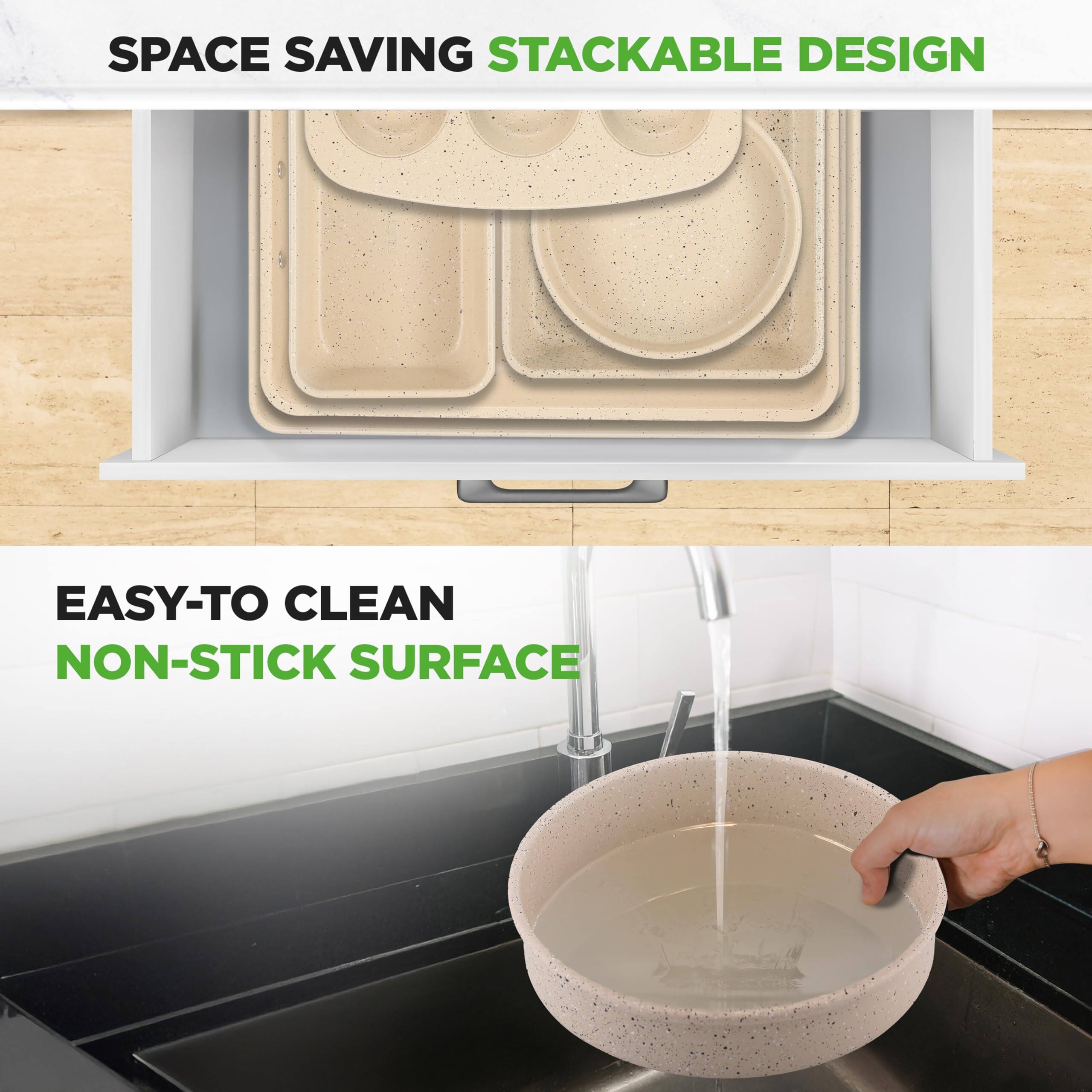 SPACE SAVING STACKABLE DESIGN

EASY-TO CLEAN NON-STICK SURFACE
