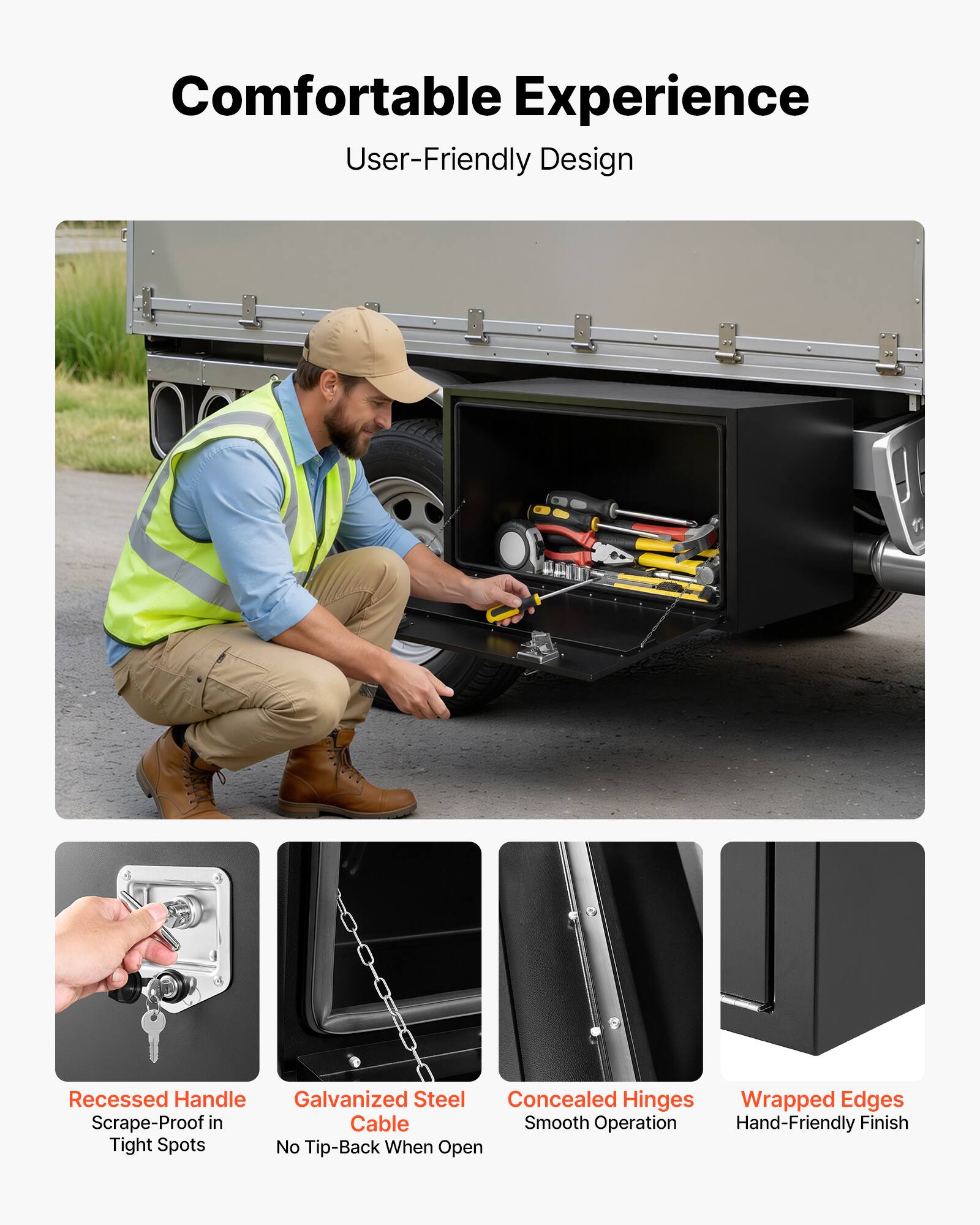 Comfortable Experience  
User-Friendly Design

- Recessed Handle  
  Scrape-Proof in Tight Spots

- Galvanized Steel Cable  
  No Tip-Back When Open

- Concealed Hinges  
  Smooth Operation

- Wrapped Edges  
  Hand-Friendly Finish