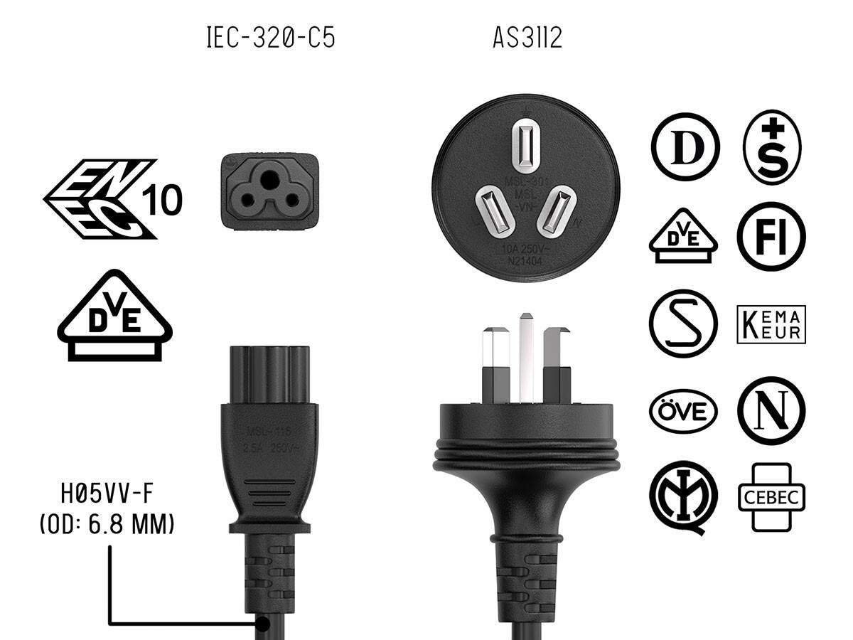 IEC-320-C5  
AS3112  
10 VDE  
MSL-2.5A 250V-  
MSL-30 MSL-VN- 10A 250V~ N21404  
DVE D E S VE  
+ S FI EMA KEMA EUR N  
H05VV-F (OD: 6.8 MM)