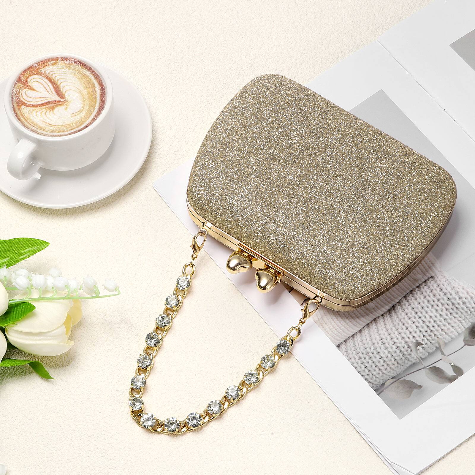 Alt View 5. Unique Bargains - Sparkly Evening Clutch Purse for Women, Vintage Heart Shape Buckle Clasp Handbag for Bridal Wedding 1920s Party - Gold.