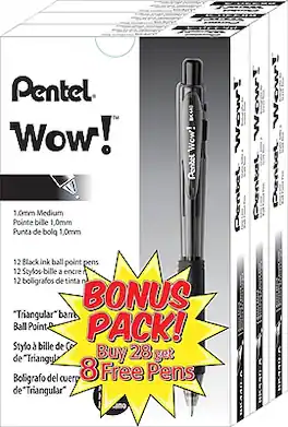 Pentel - WOW Retractable Ballpoint Pens Bonus Pack, Medium Point, 36/Pack - Black Ink