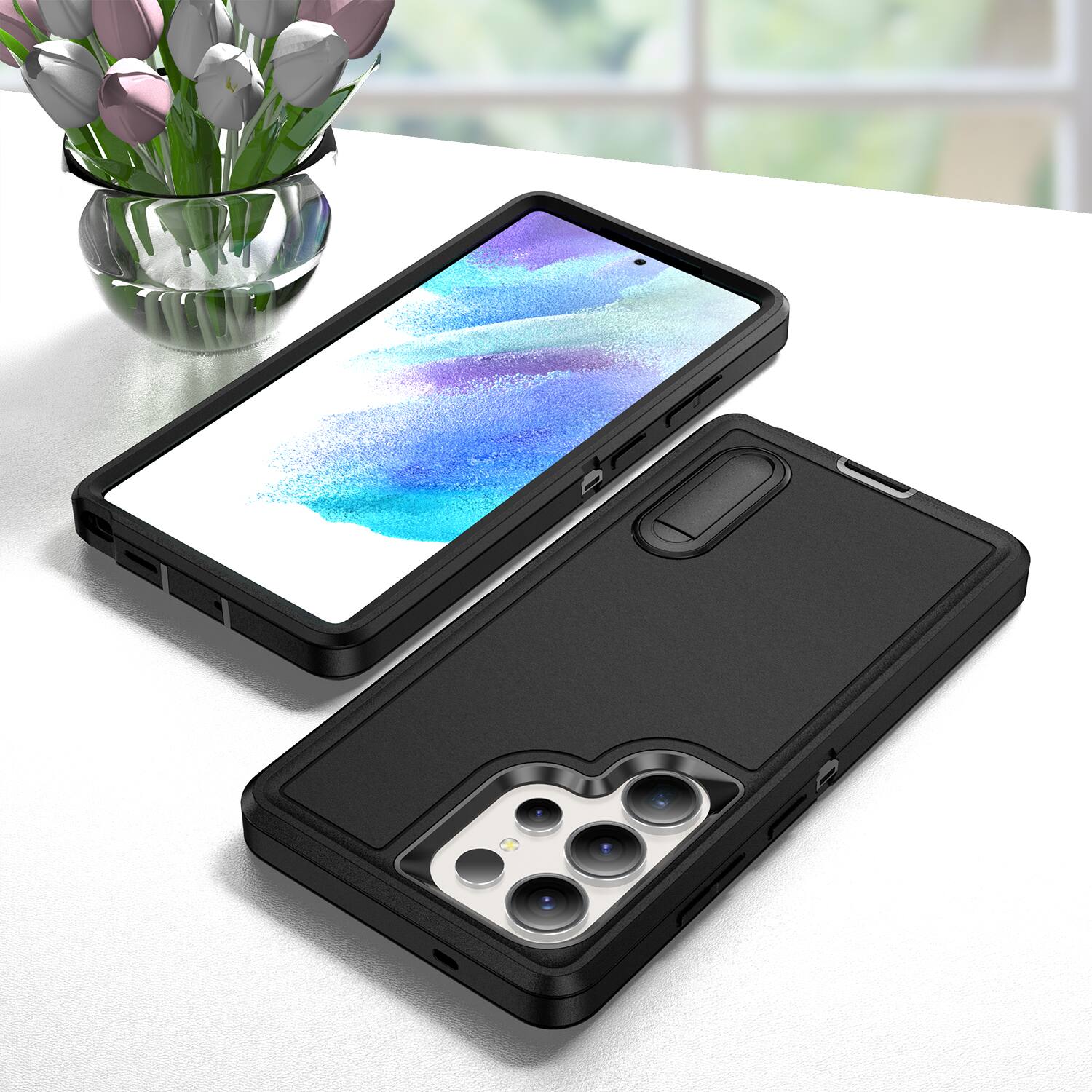 Alt View 3. Dteck - Heavy Duty Case for Samsung Galaxy S25 Ultra w/ Foldable Kickstand,Dual-Layer Shockproof Hard PC Soft Silicone Cover - Black.