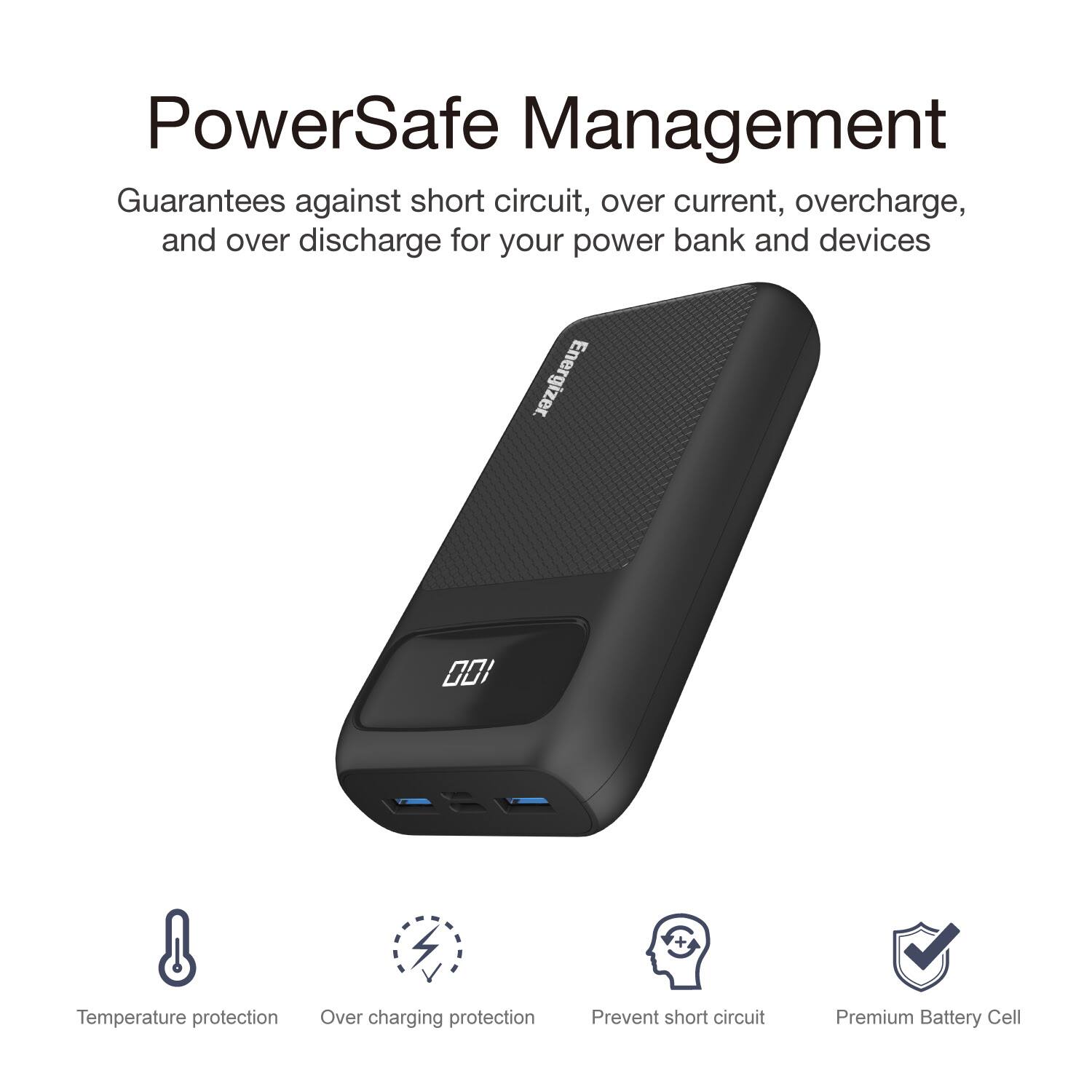 PowerSafe Management Guarantees against short circuit, over current, overcharge, and over discharge for your power bank and devices. It also provides Temperature protection, Over charging protection, and Prevent short circuit. Additionally, it features a Premium Battery Cell.