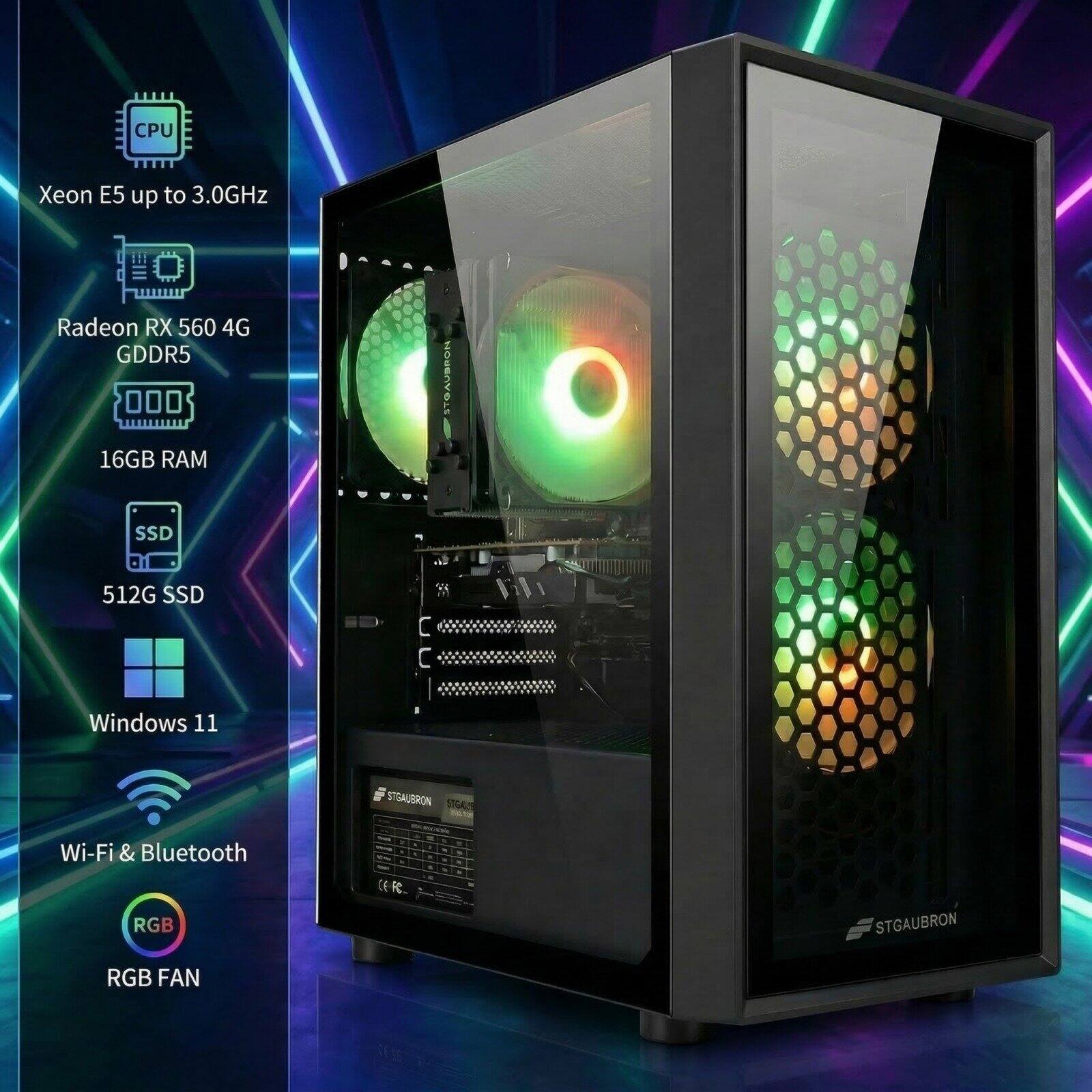 CPU: Xeon E5 up to 3.0GHz  
GPU: Radeon RX 560 4G GDDR5  
RAM: 16GB  
SSD: 512G  
OS: Windows 11  
Wi-Fi & Bluetooth  
RGB FAN  
STGAUBRON