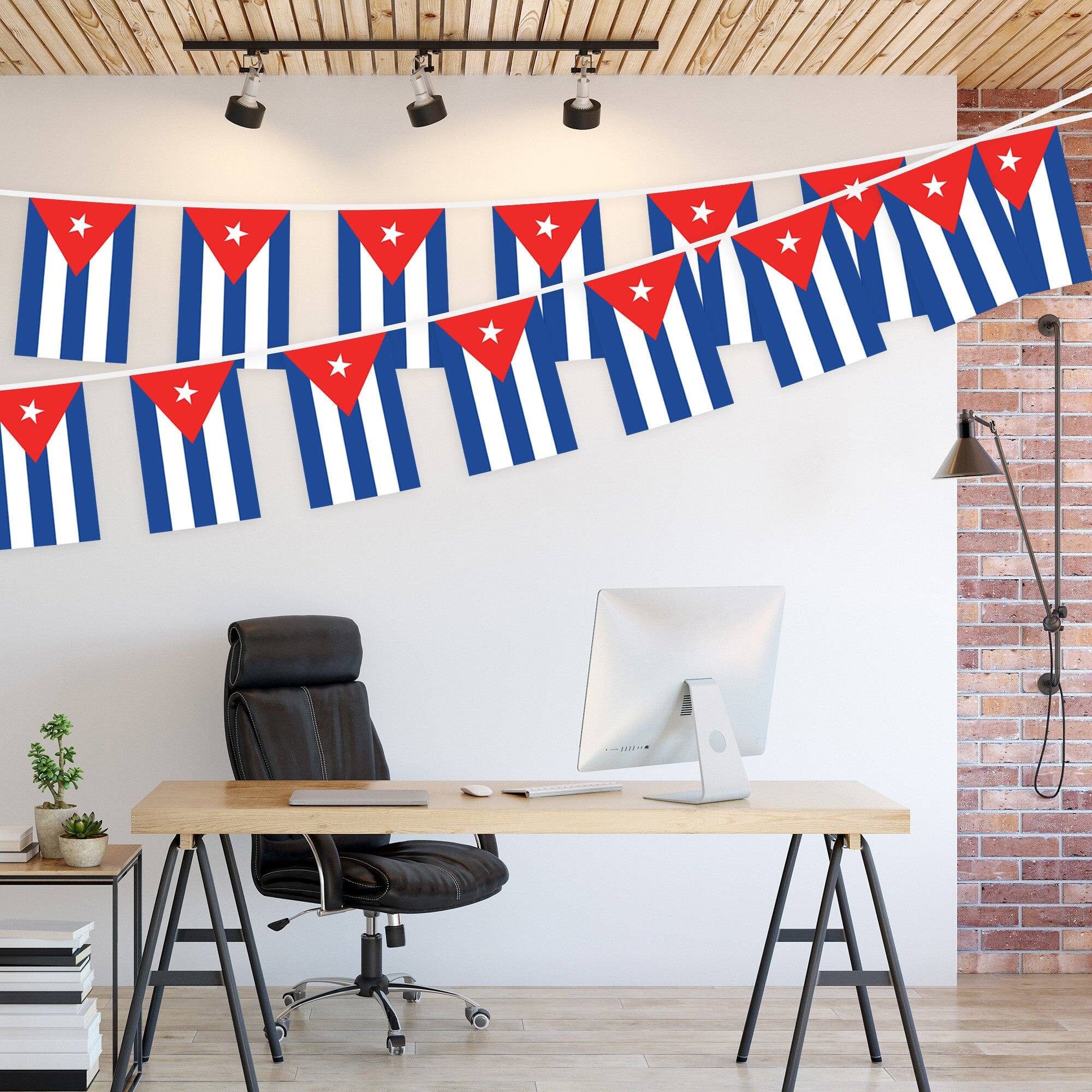 Left. G128 - Cuba Bunting Banner, 33 ft String with 8.2 x 5.5 in Mini Flags - Assorted Colors.