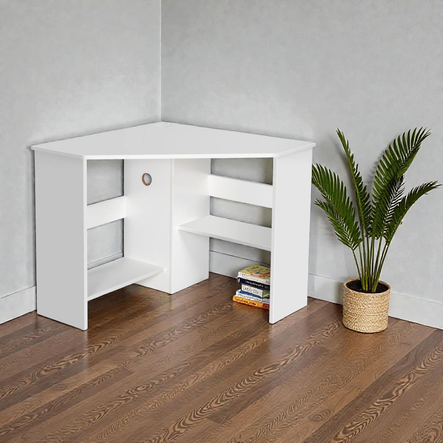 Hivvago - Multi-Functional Corner Work Desk with Shelf – Triangular Office & Study Solution - White