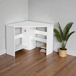 Hivvago - Multi-Functional Corner Work Desk with Shelf – Triangular Office & Study Solution - White