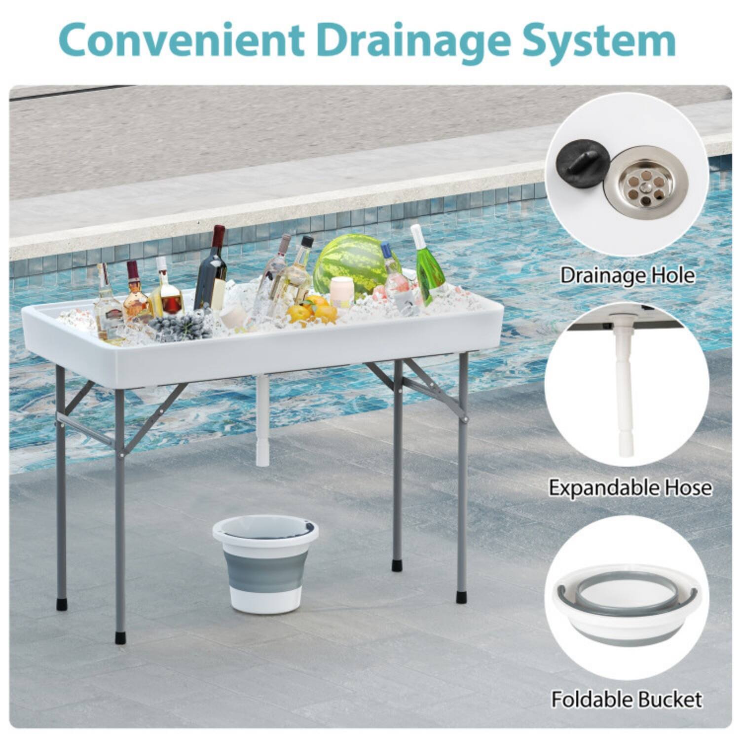 Convenient Drainage System

- Drainage Hole
- Expandable Hose
- Foldable Bucket