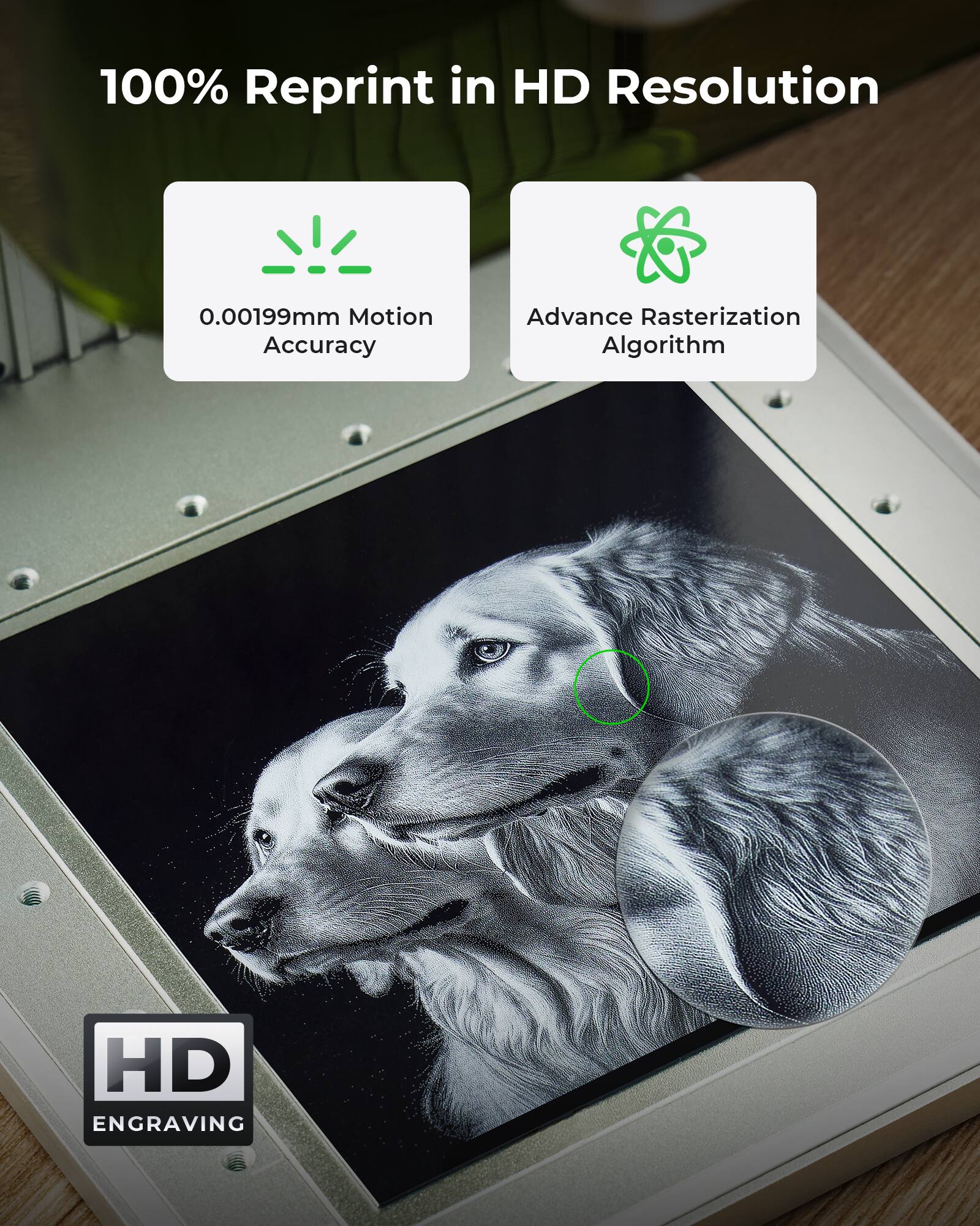 100% Reprint in HD Resolution

0.00199mm Motion Accuracy

Advance Rasterization Algorithm

HD ENGRAVING