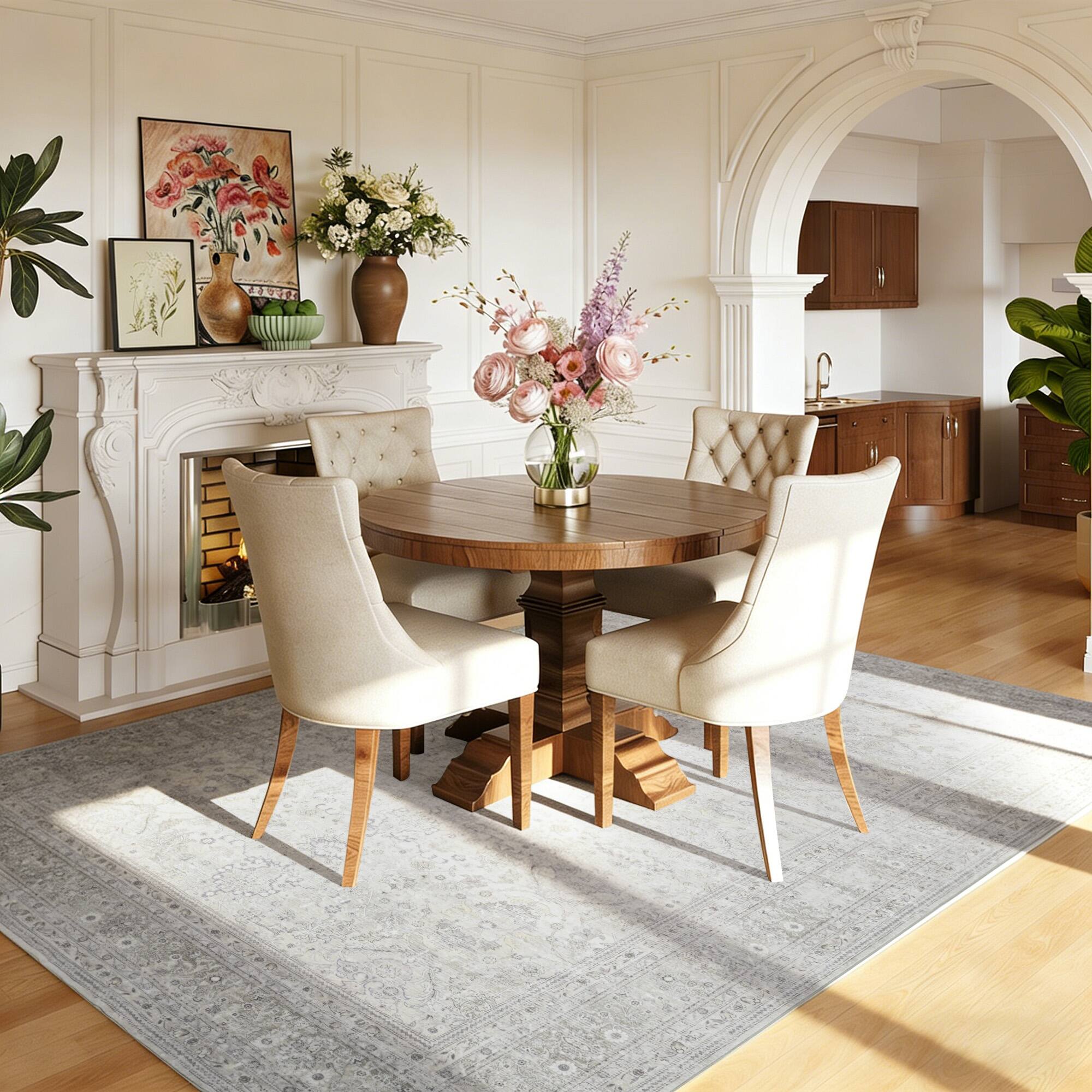 Back. RYHNUYNE - 5x7 Gray Washable Area Rug, Modern Traditional Stain Resistant Distressed Carpet, Soft Thin Rug for Dining Room Office - gray.