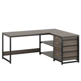 Kadyn - Study Writing Desk, Computer Desk,59" L-Shaped Desk, Reversible Corner Desk with Drawers & Shelves - Gray