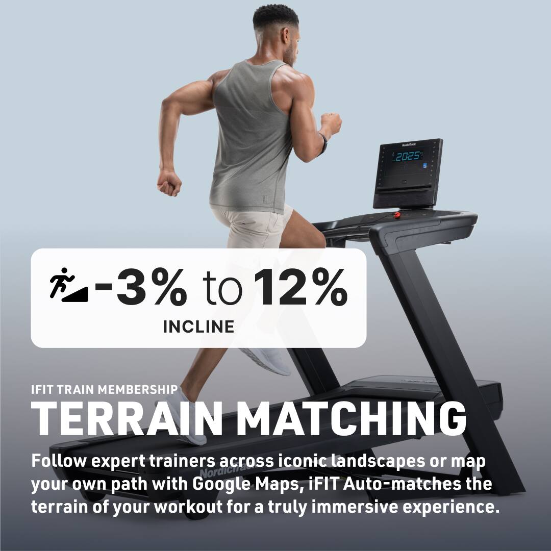 -3% to 12% INCLINE

IFIT TRAIN MEMBERSHIP

TERRAIN MATCHING

Follow expert trainers across iconic landscapes or map your own path with Google Maps, iFIT Auto-matches the terrain of your workout for a truly immersive experience.