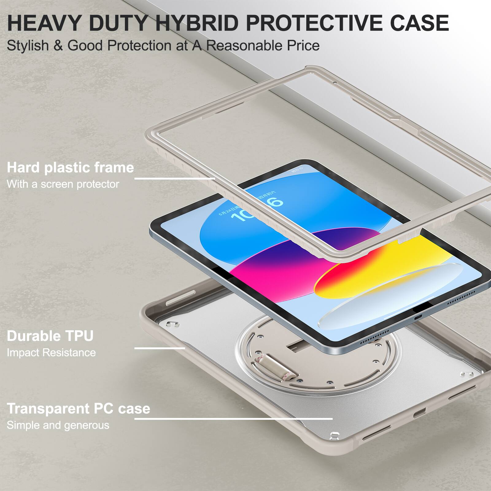 HEAVY DUTY HYBRID PROTECTIVE CASE  
Stylish & Good Protection at A Reasonable Price  

Hard plastic frame  
With a screen protector  

Durable TPU  
Impact Resistance  

Transparent PC case  
Simple and generous