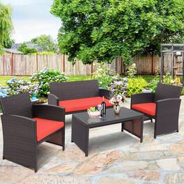 Gymax - 4PCS Patio Conversation Set Outdoor Rattan Furniture Set w/ Cushions - Red