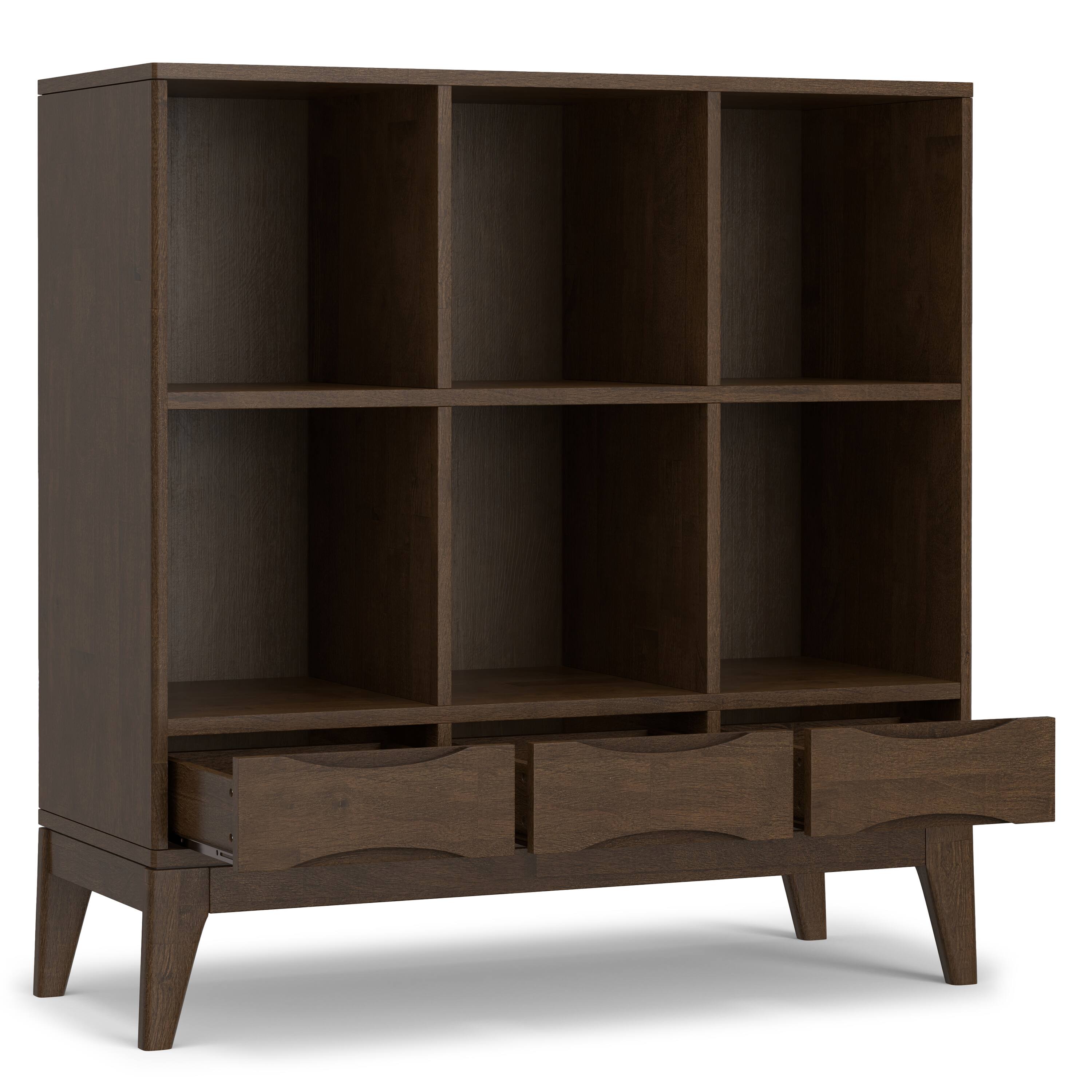 Back. Simpli Home - Harper SOLID HARDWOOD 43 inch x 42 inch Mid Century Modern Low 6 Cube Storage with Drawers in Walnut Brown - Walnut Brown.