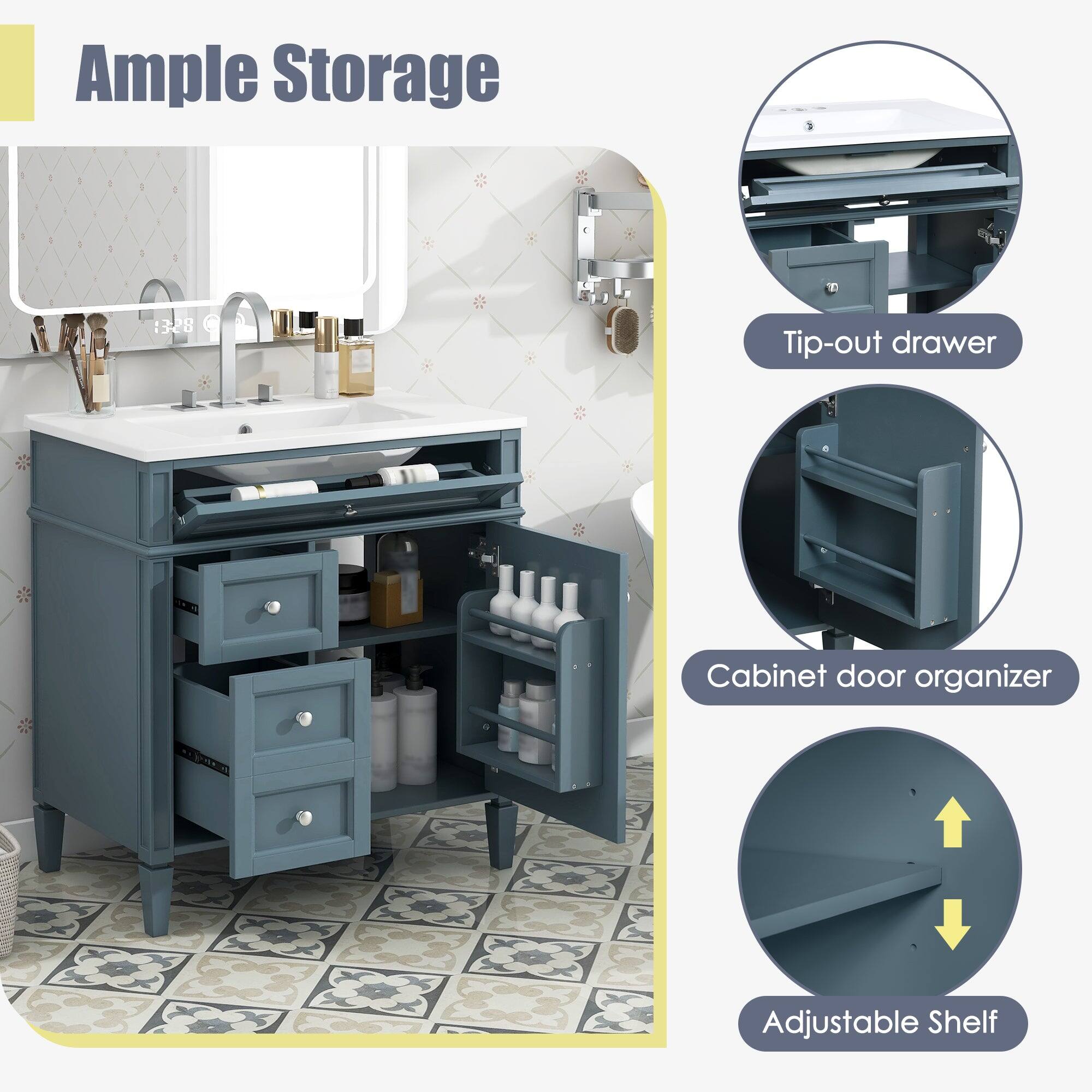 Ample Storage

- Tip-out drawer
- Cabinet door organizer
- Adjustable Shelf