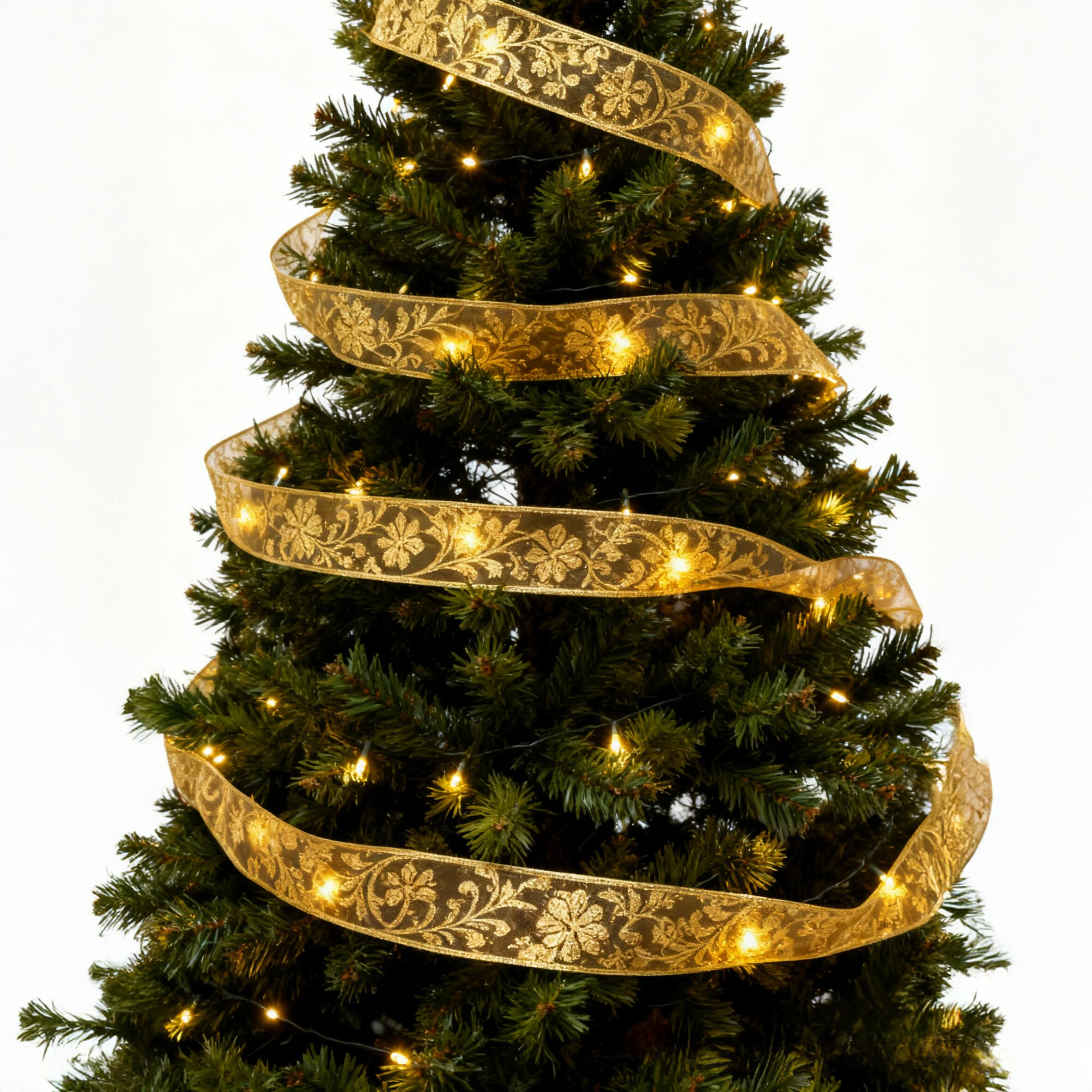 Front. FC Design - 2pc of Christmas Tree Wrap Gold Silk Ribbon Lights with 50 Warm White Mini LEDs, Flexible Decorative Ribbon - Gold.