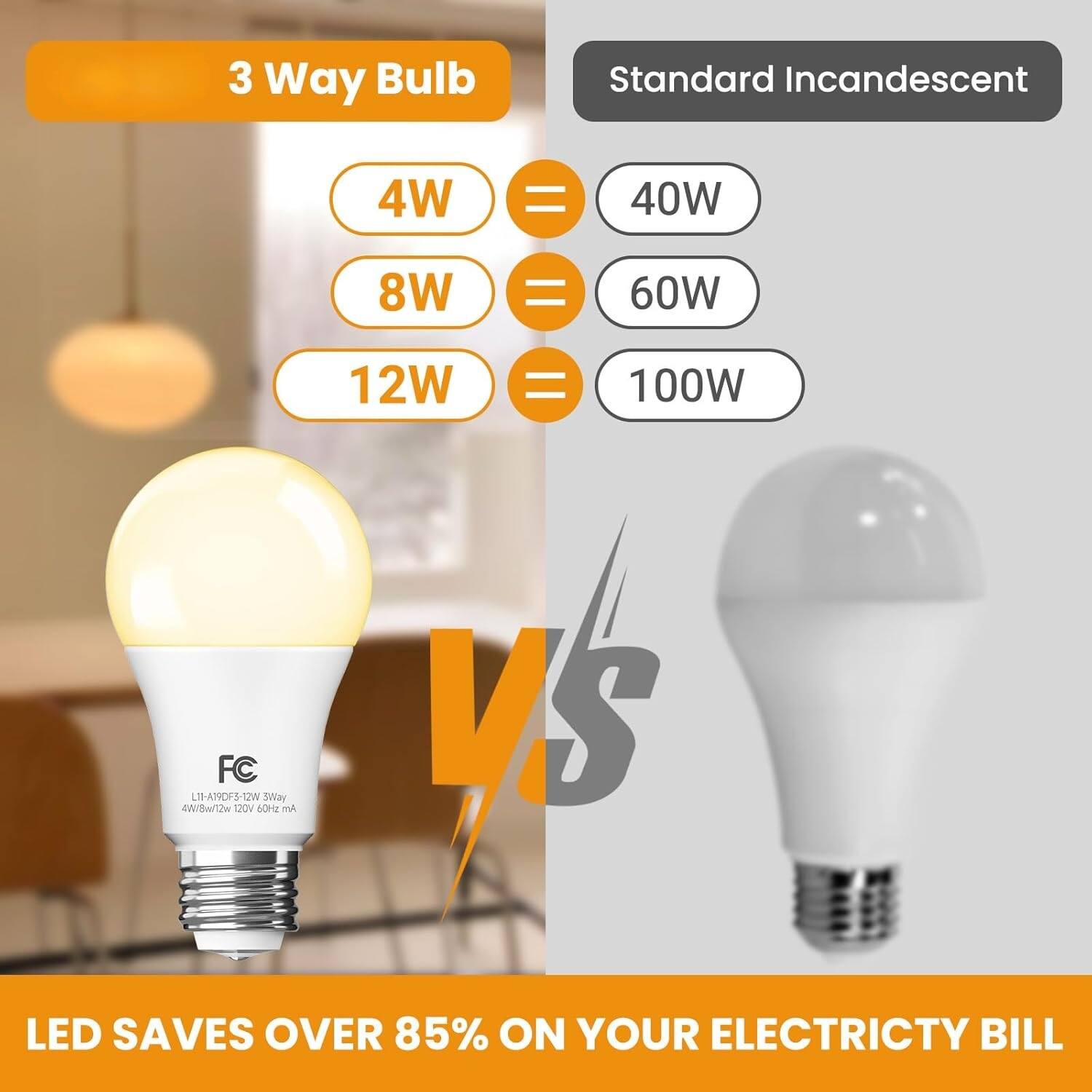 3 Way Bulb  
Standard Incandescent  
4W = 40W  
8W = 60W  
12W = 100W  
FC L11-A19DF3-12W 3Way 4W/8W/12W 120V 60Hz mA  
LED SAVES OVER 85% ON YOUR ELECTRICITY BILL