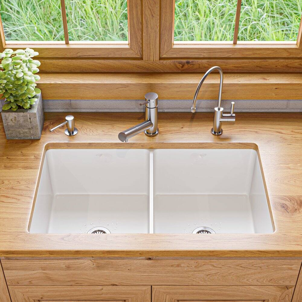 Alt View 5. Alfi - ALFI brand White 32 x 19 Double Bowl Fireclay Undermount / Drop In Kitchen Sink with Grid - White.