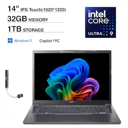 Acer - Aspire 14 AI Laptop 14.0 WUXGA (Intel Ultra 9-288V, 32GB LPDDR5X, 1TB SSD, Win 11 Home) w/USB Hub - Steel Gray