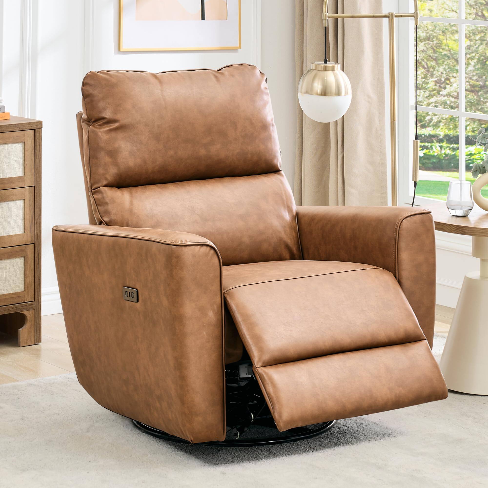 Jojoka - Power Recliner Chair, Swivel Nursery Rocker Reclining, Faux Leather Upholstered Sofa Chair with Charging Port - Brown