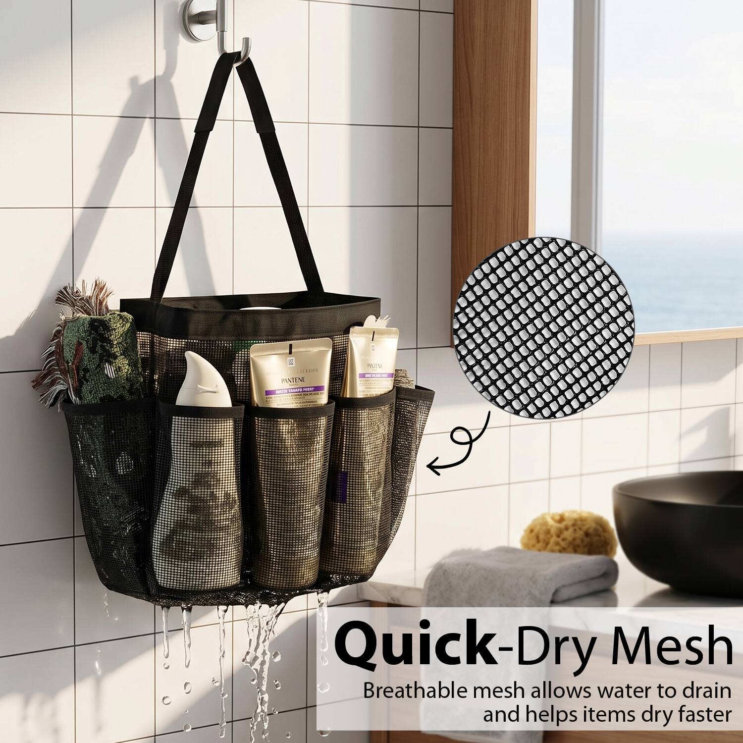 Quick-Dry Mesh  
Breathable mesh allows water to drain and helps items dry faster