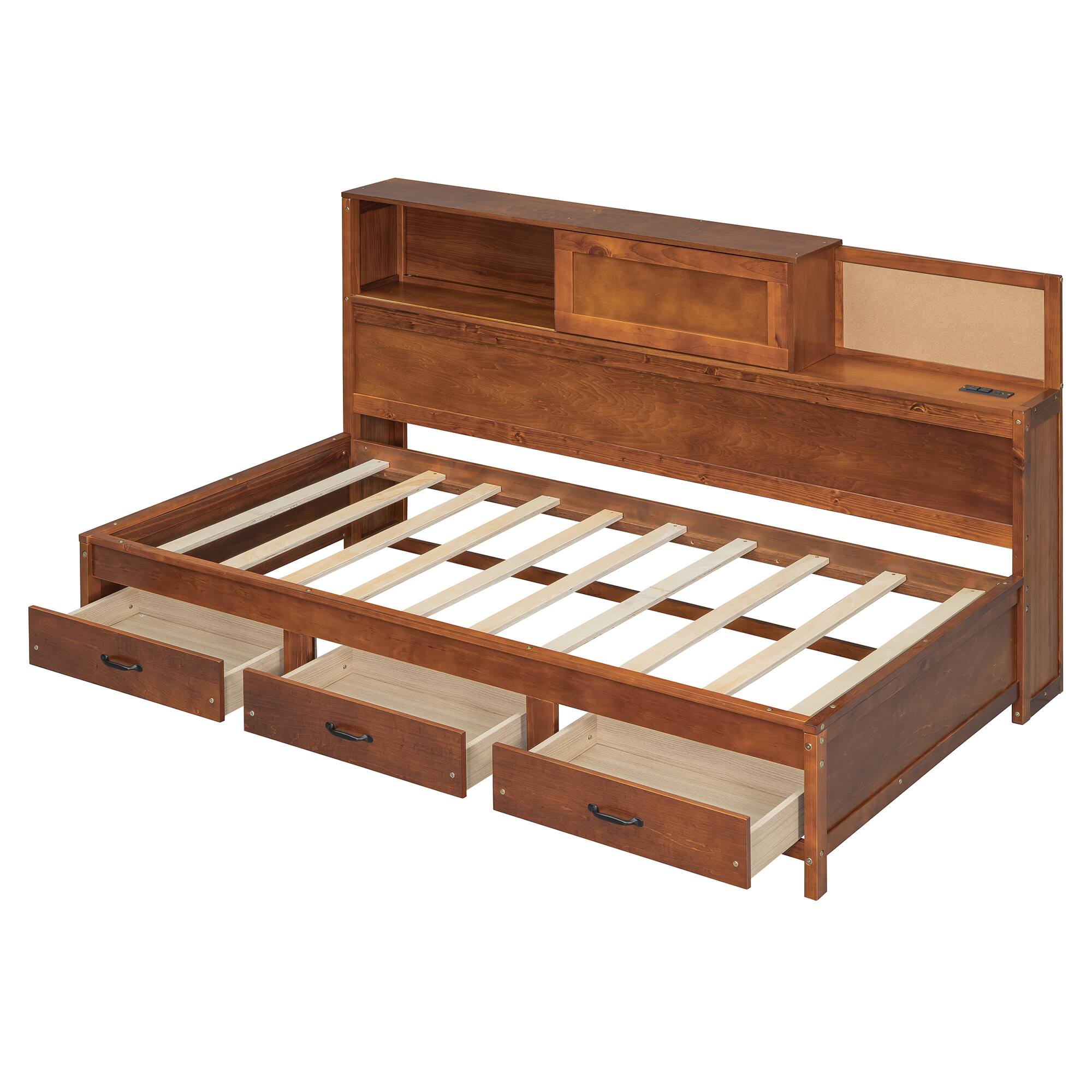 Alt View 8. Tiramisubest - Twin Size Wooden Daybed with 3 Storage Drawers, Upper Soft Board, shelf, and a set of Sockets and USB Ports, Walnut - Walnut.