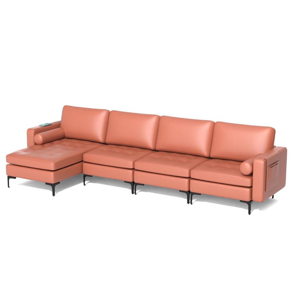 Front. Kadyn - L-shaped Sectional Sofa with Reversible Chaise and 2 USB Ports-Pink, Sectional Sofa Couch Living Room Sleeper Set - Pink.