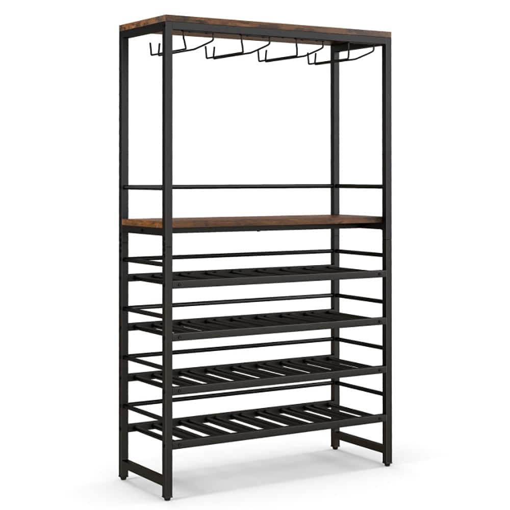 Kadyn - Freestanding Wine Bakers Rack with 4-Tier Wine Storage and 4 Rows of Stemware Racks, Wine Storage Racks, Bar Cabinet - Brown