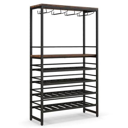 Front. Kadyn - Freestanding Wine Bakers Rack with 4-Tier Wine Storage and 4 Rows of Stemware Racks, Wine Storage Racks, Bar Cabinet - Brown.