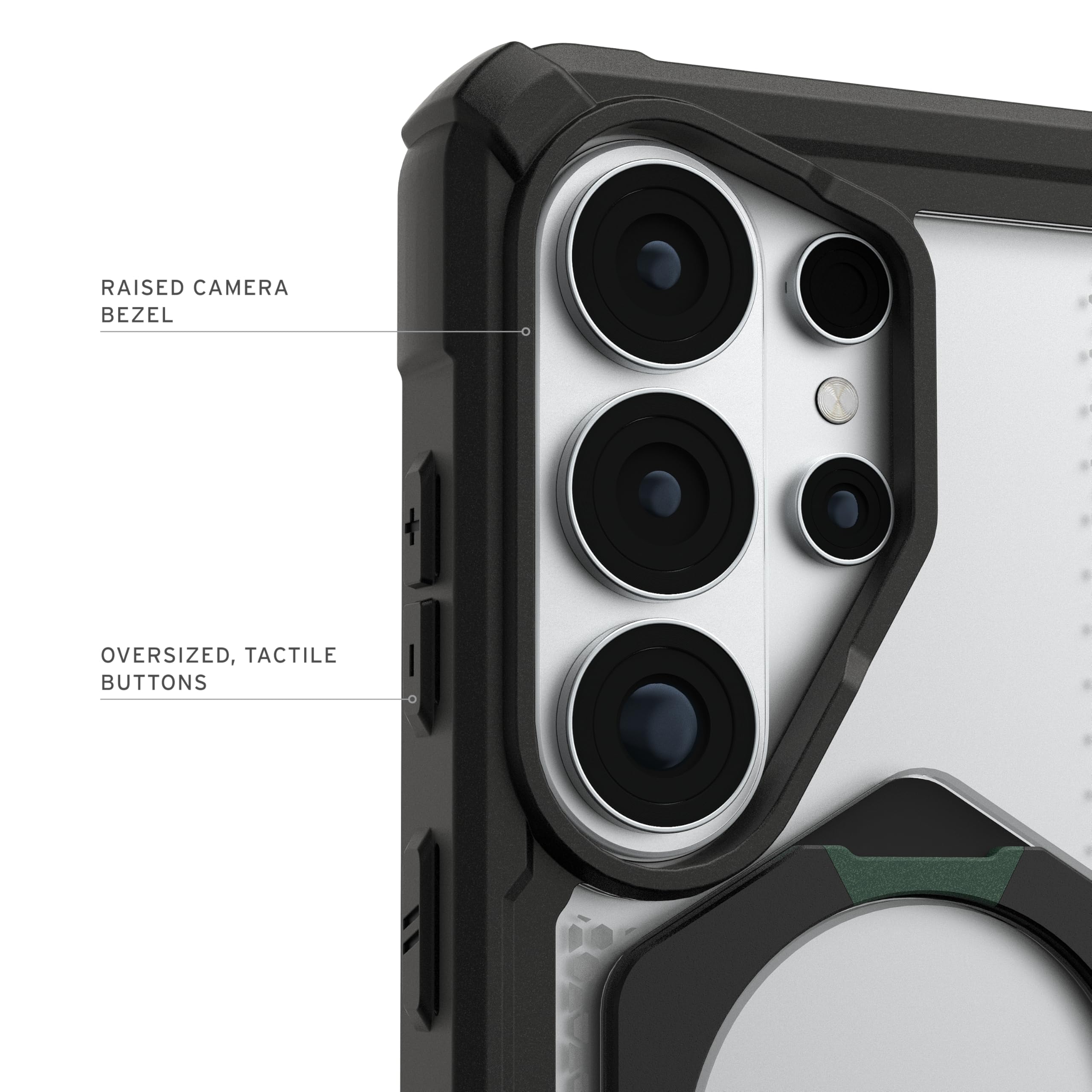 RAISED CAMERA BEZEL  
OVERSIZED, TACTILE BUTTONS