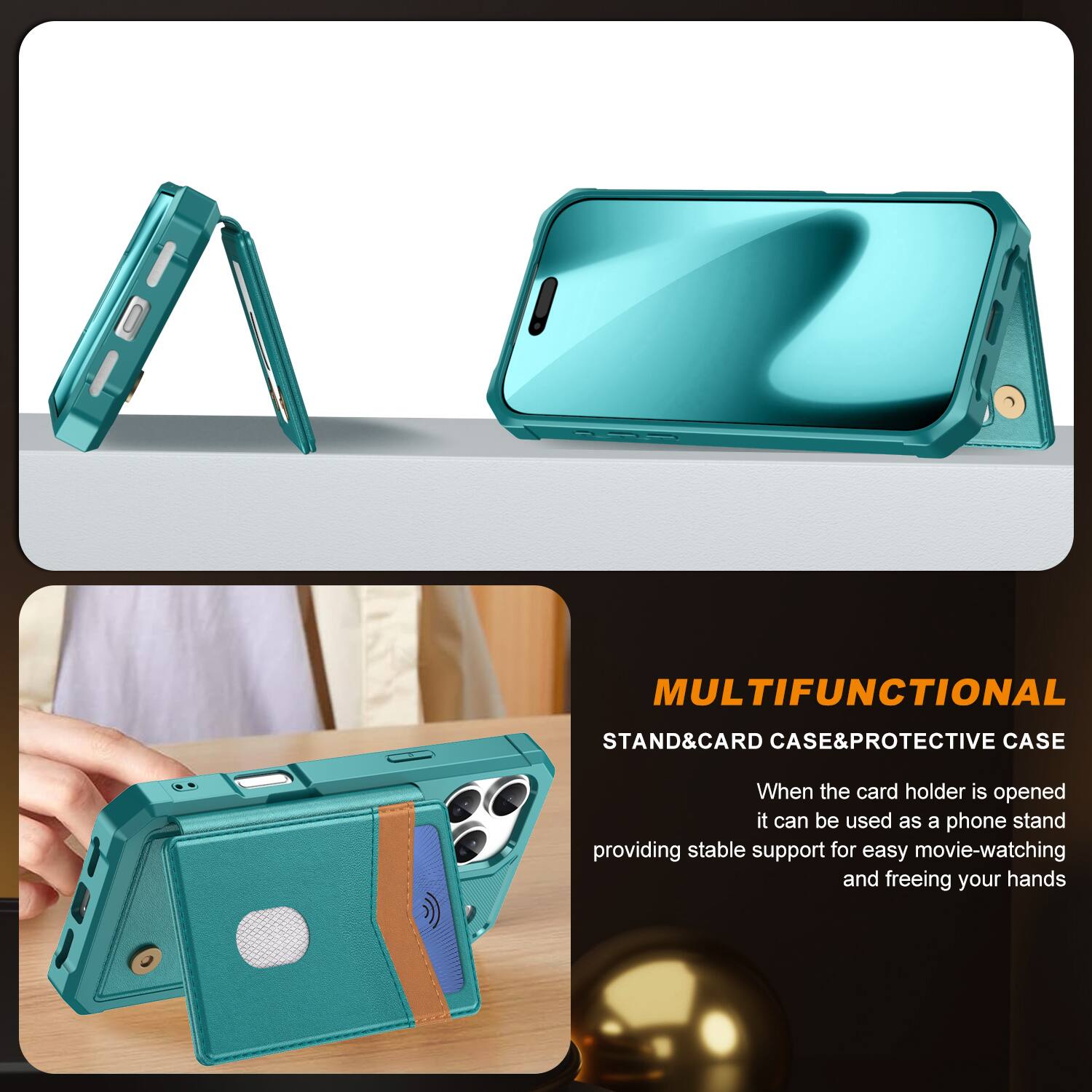 MULTIFUNCTIONAL STAND & CARD CASE & PROTECTIVE CASE

When the card holder is opened, it can be used as a phone stand, providing stable support for easy movie-watching and freeing your hands.