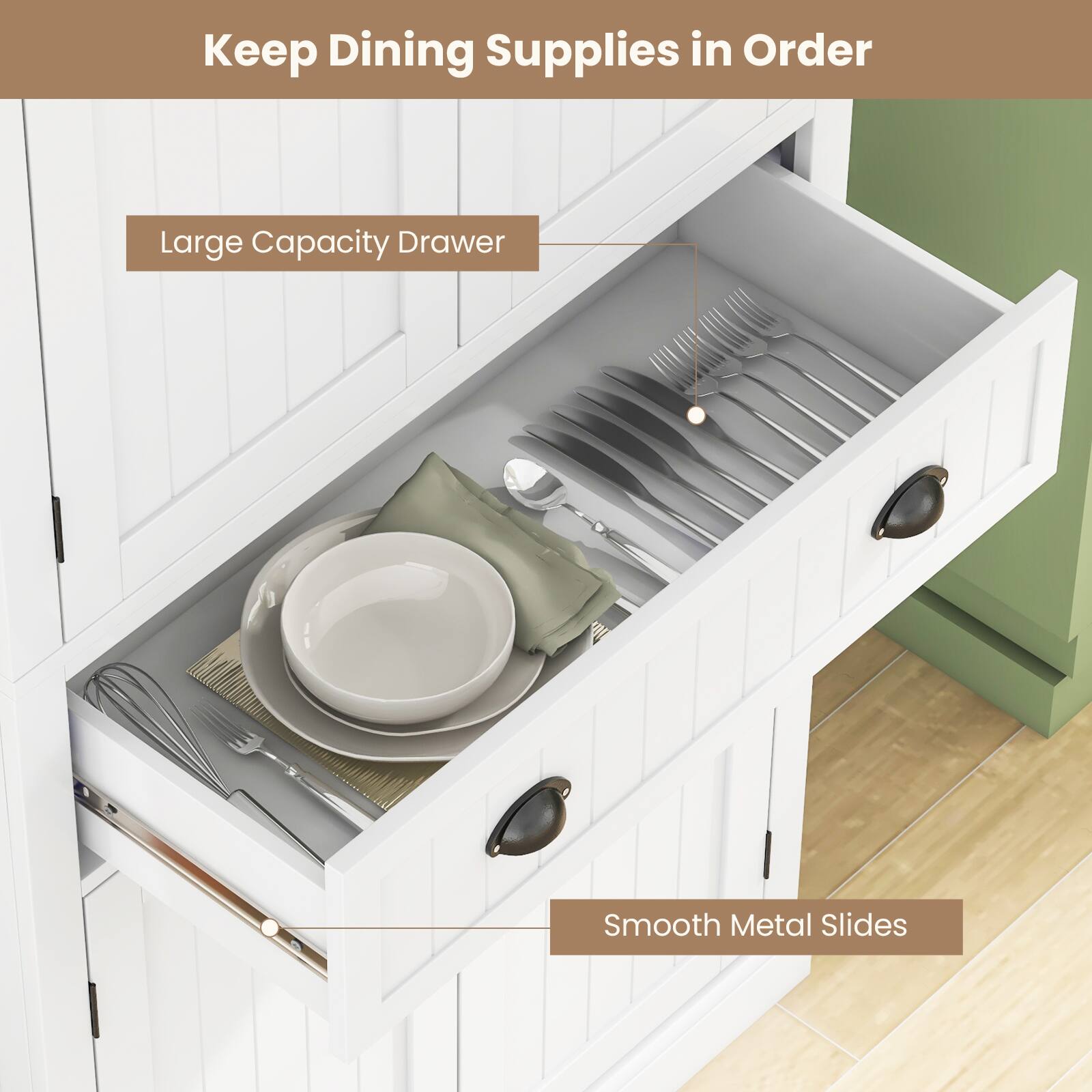 Keep Dining Supplies in Order, Large Capacity Drawer, Smooth Metal Slides