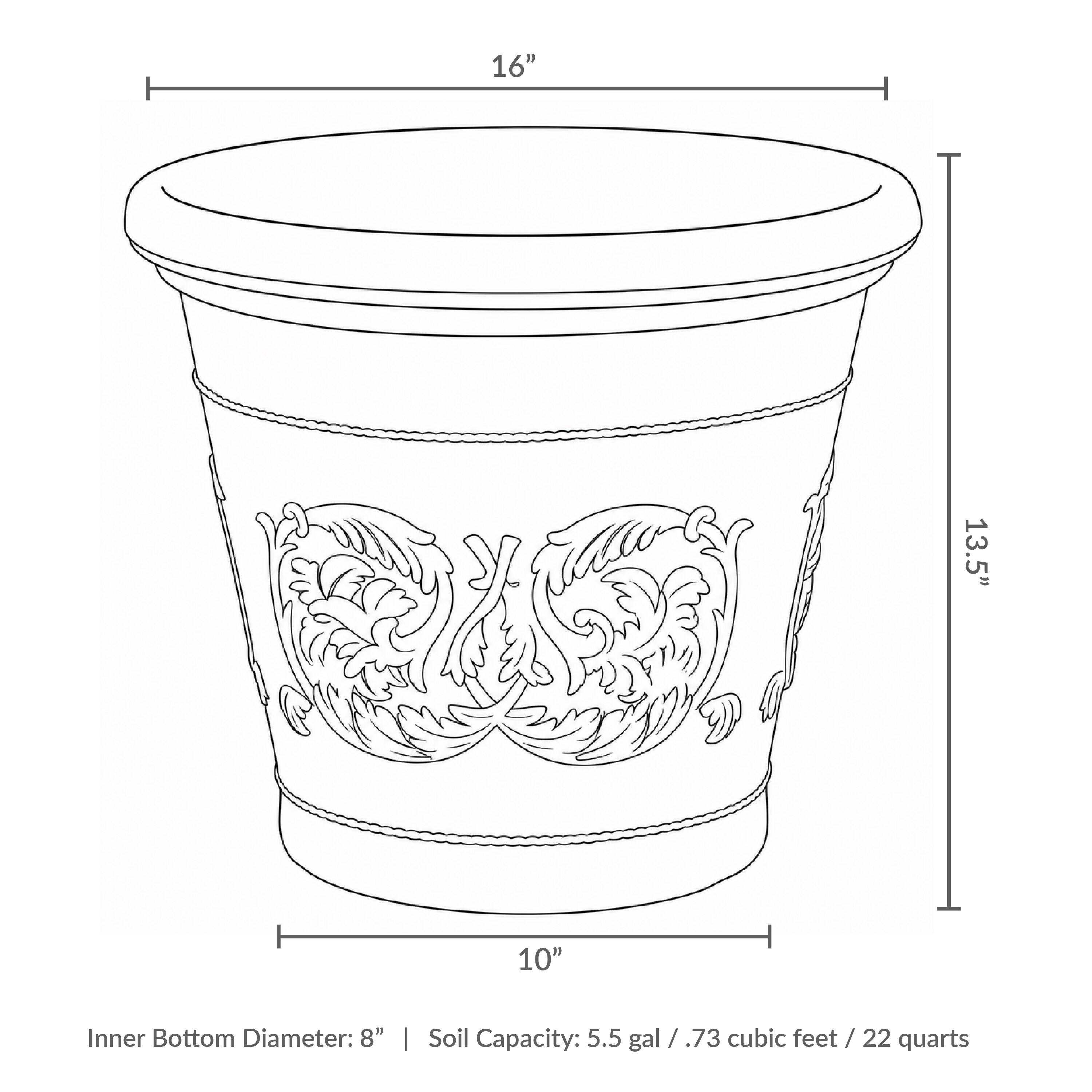 16" 13.5" 10" Inner Bottom Diameter: 8" Soil Capacity: 5.5 gal / .73 cubic feet / 22 quarts